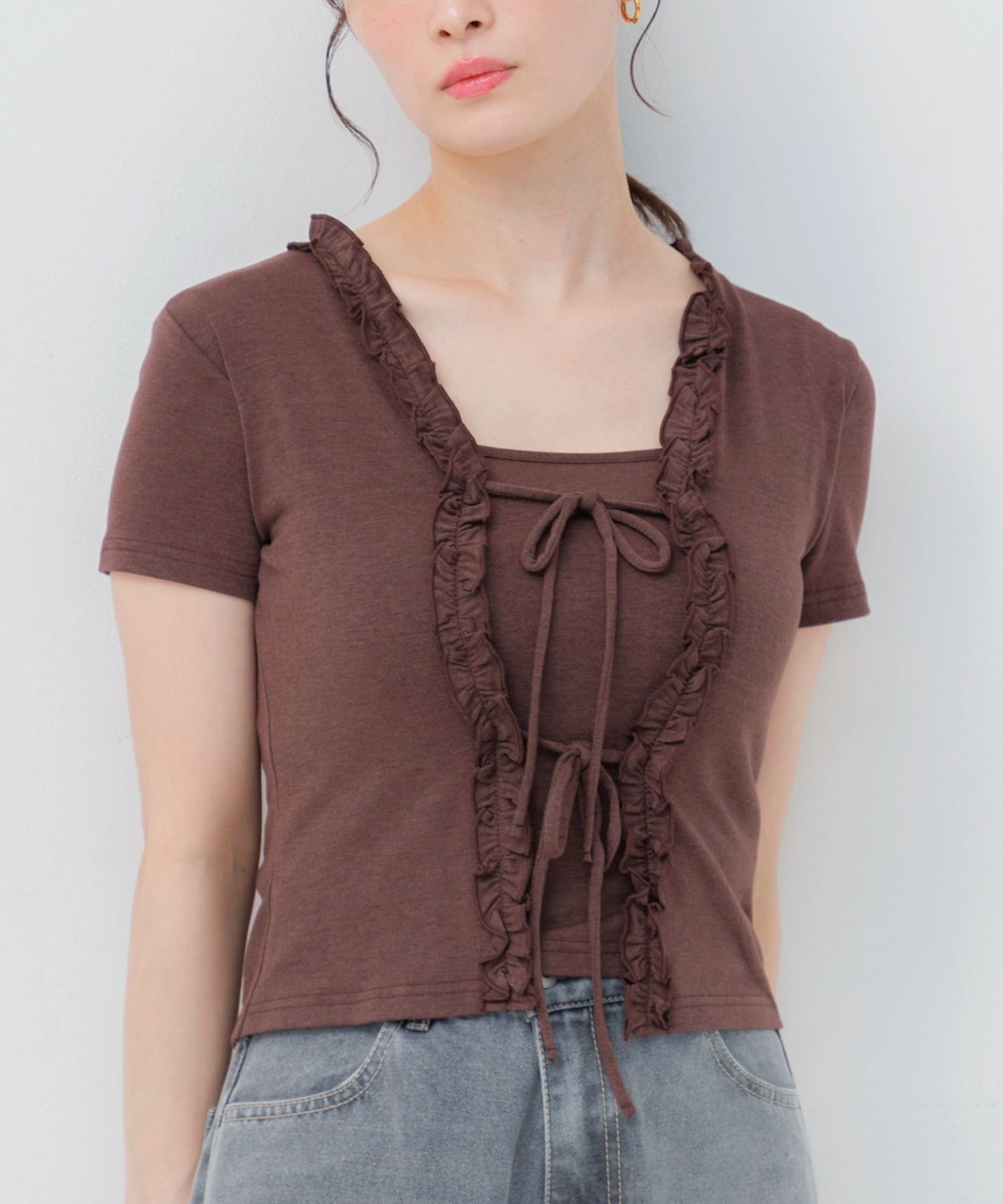 前リボンレイヤードカットソー レトロガール トップス カットソー・Tシャツ ブラック ブラウン グレー