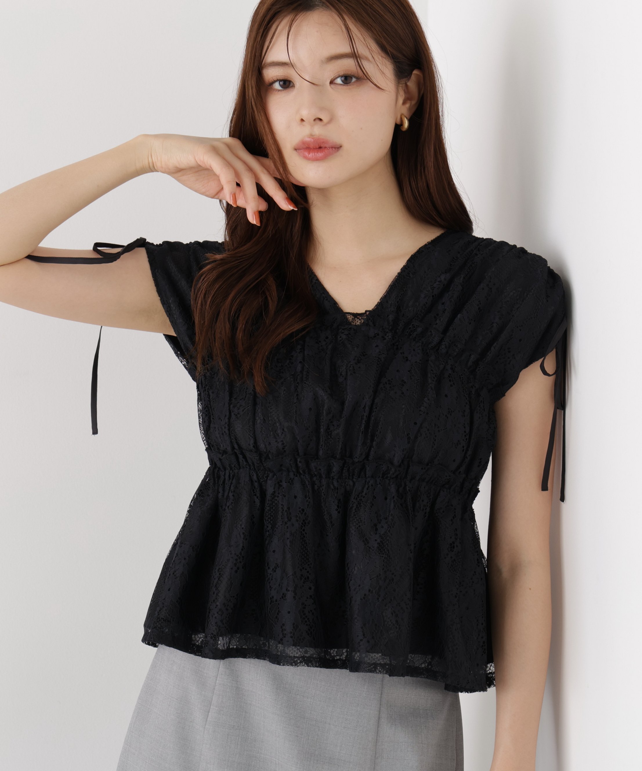 PROPORTION BODY DRESSING レースギャザーブラウス プロポーションボディドレッシング トップス シャツ・ブラウス ブラック ベージュ ピンク
