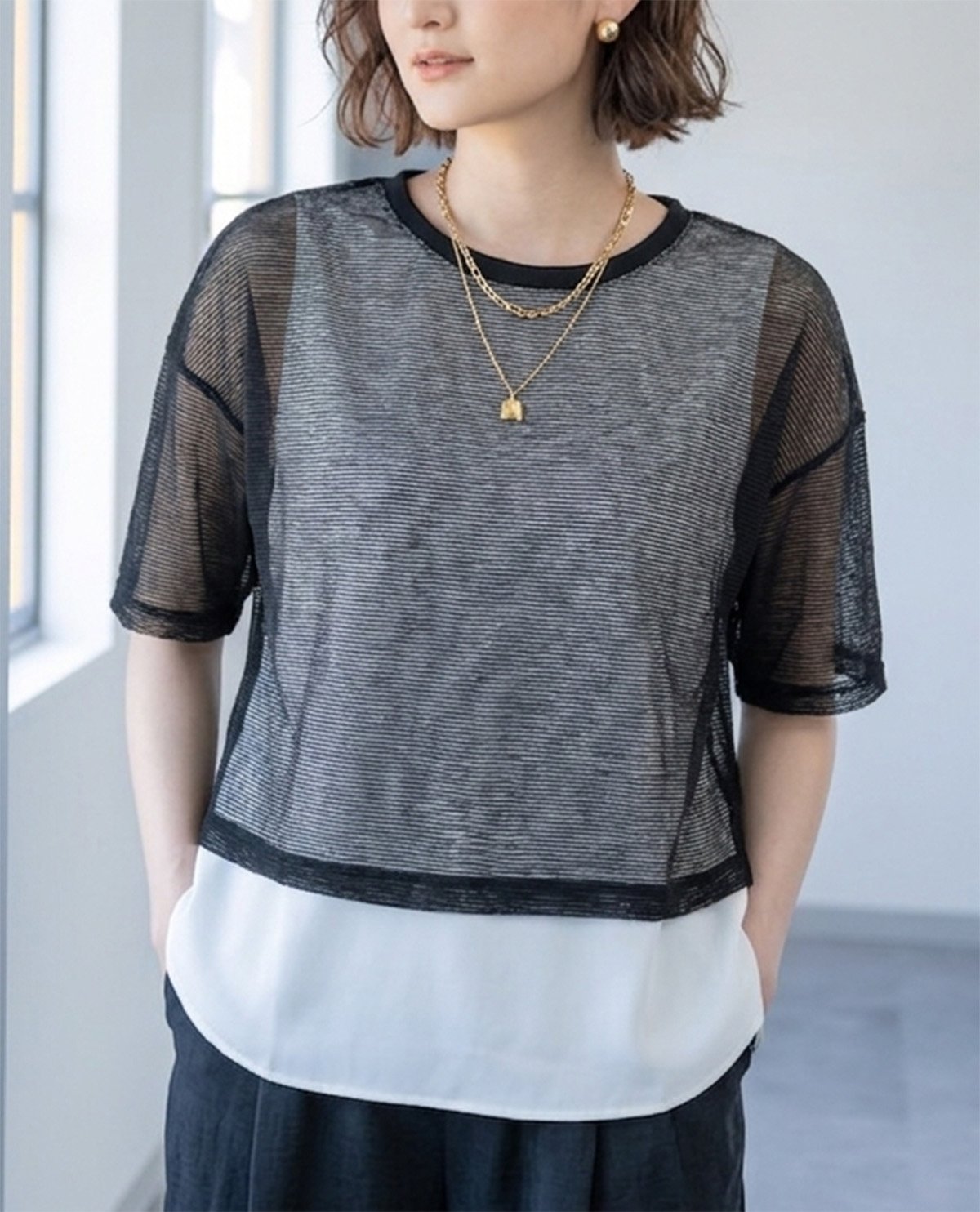 YEVS シャツレイヤード風プルオーバー イーブス トップス カットソー・Tシャツ ホワイト ブラック ブラウン