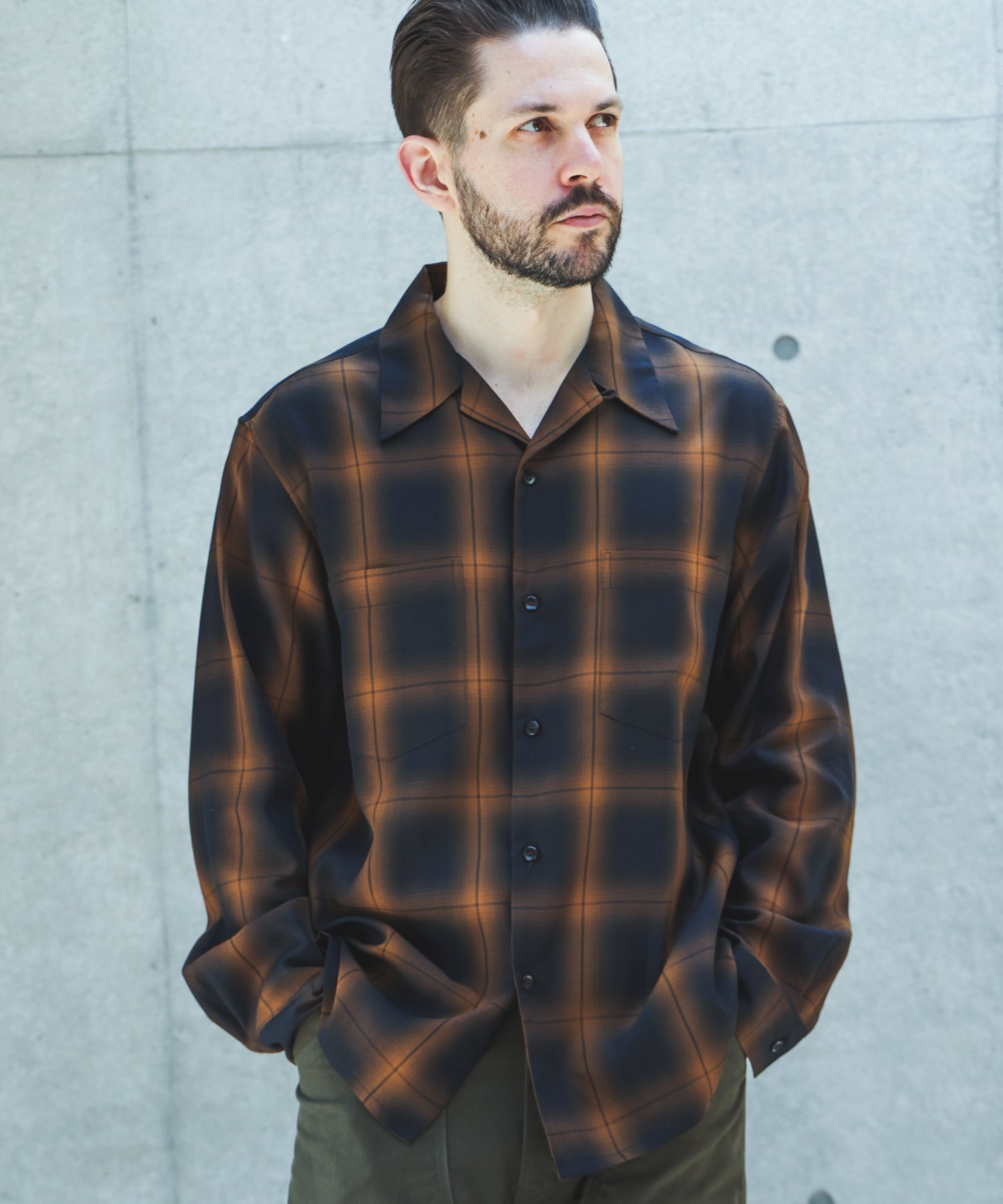 MR.OLIVE OMBRE TENCEL CHECK /OPEN COLLAR SHIRT ミスターオリーブ トップス シャツ・ブラウス グリーン ブラック
