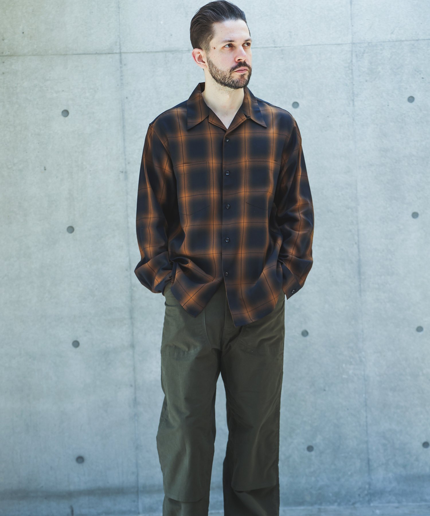 MR.OLIVE OMBRE TENCEL CHECK /OPEN COLLAR SHIRT ミスターオリーブ トップス シャツ・ブラウス グリーン ブラック