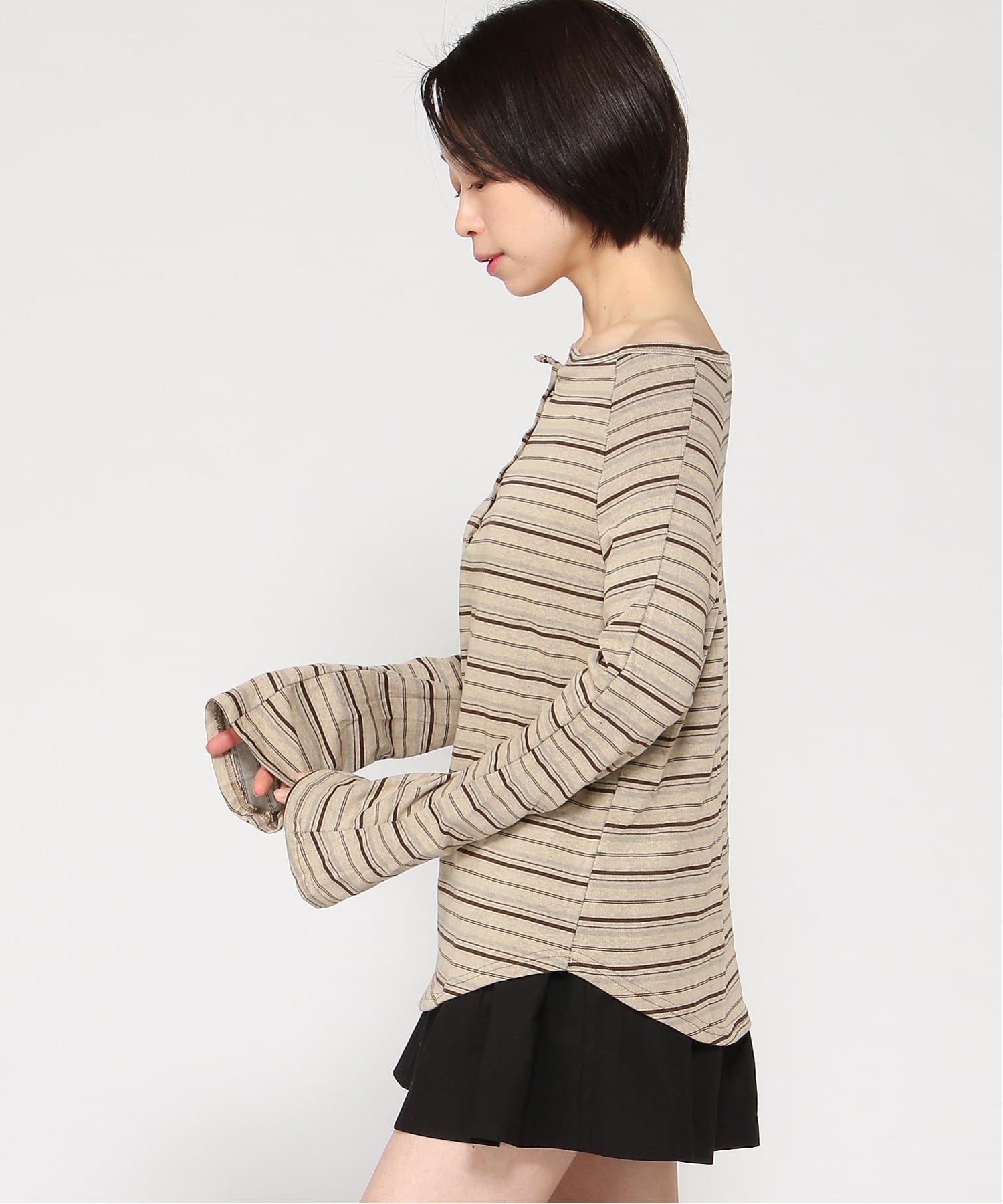 VIVID LADY VIVID LADY/(W)マルチボーダーオフショルダー ロングTシャツ ビビッドレディー トップス カットソー・Tシャツ ベージュ グレー