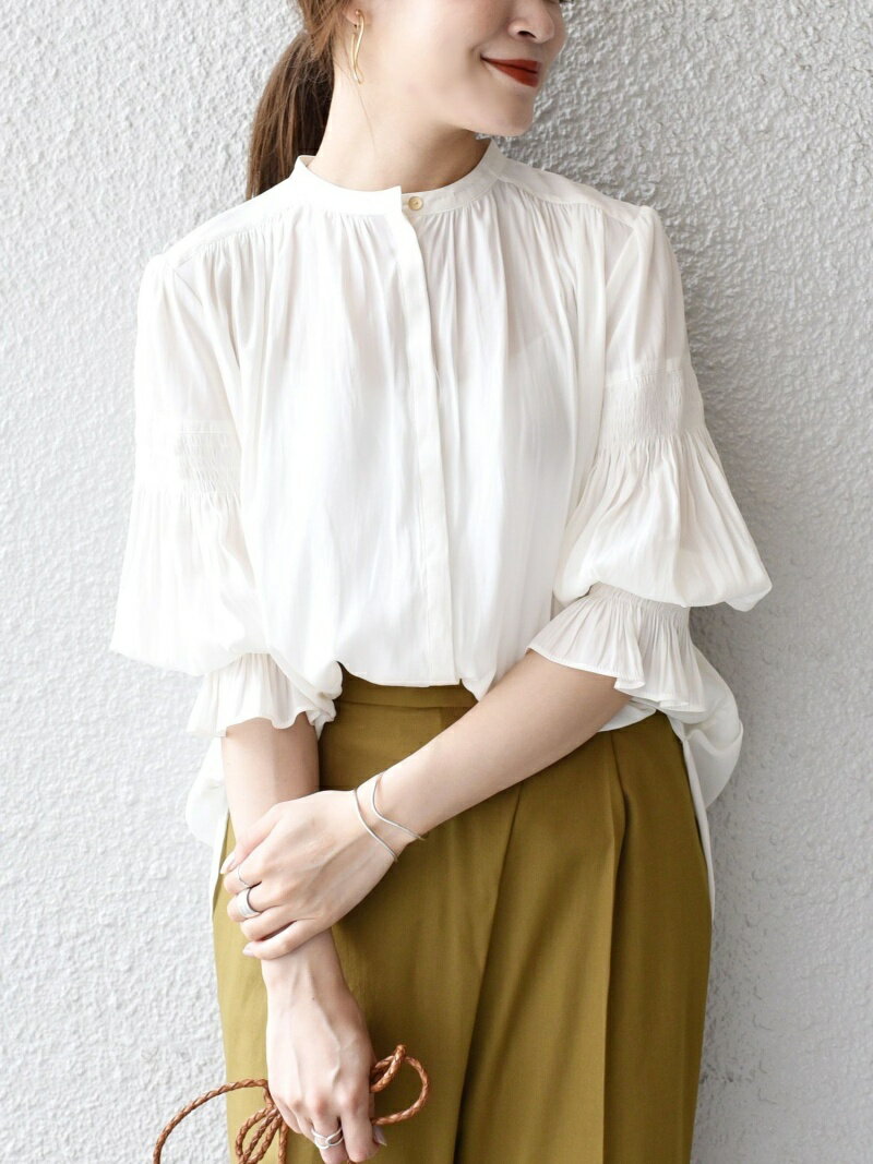 【SALE／40%OFF】SHIPS WOMEN シャーリング7分袖ブラウス シップス トップス シャツ・ブラウス ホワイト ブルー ベージュ ネイビー【送料無料】のサムネイル