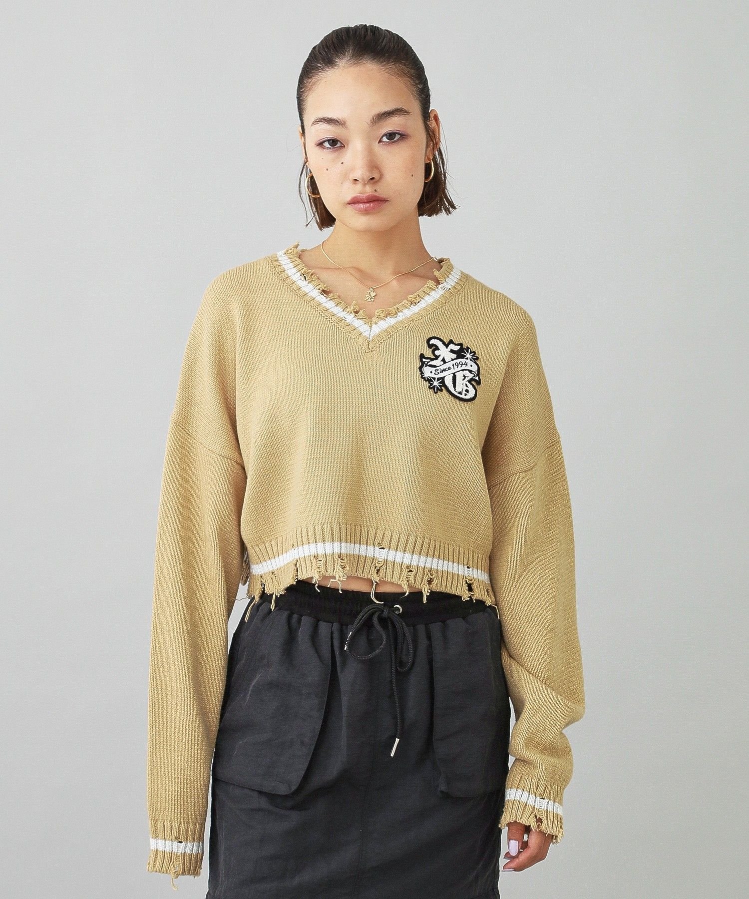 X-girl EMBLEM V-NECK KNIT TOP エックスガール トップス ニット ブラック ベージュ