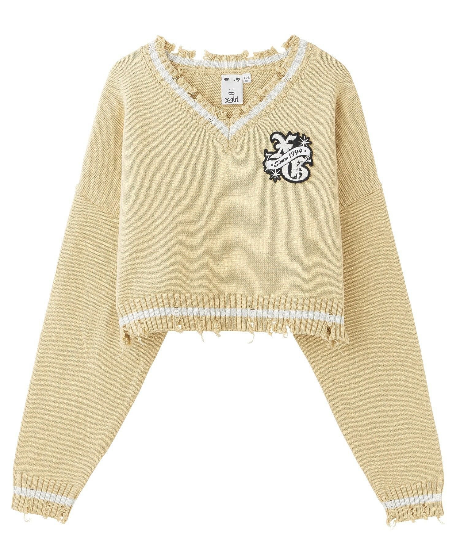 X-girl EMBLEM V-NECK KNIT TOP エックスガール トップス ニット ブラック ベージュ