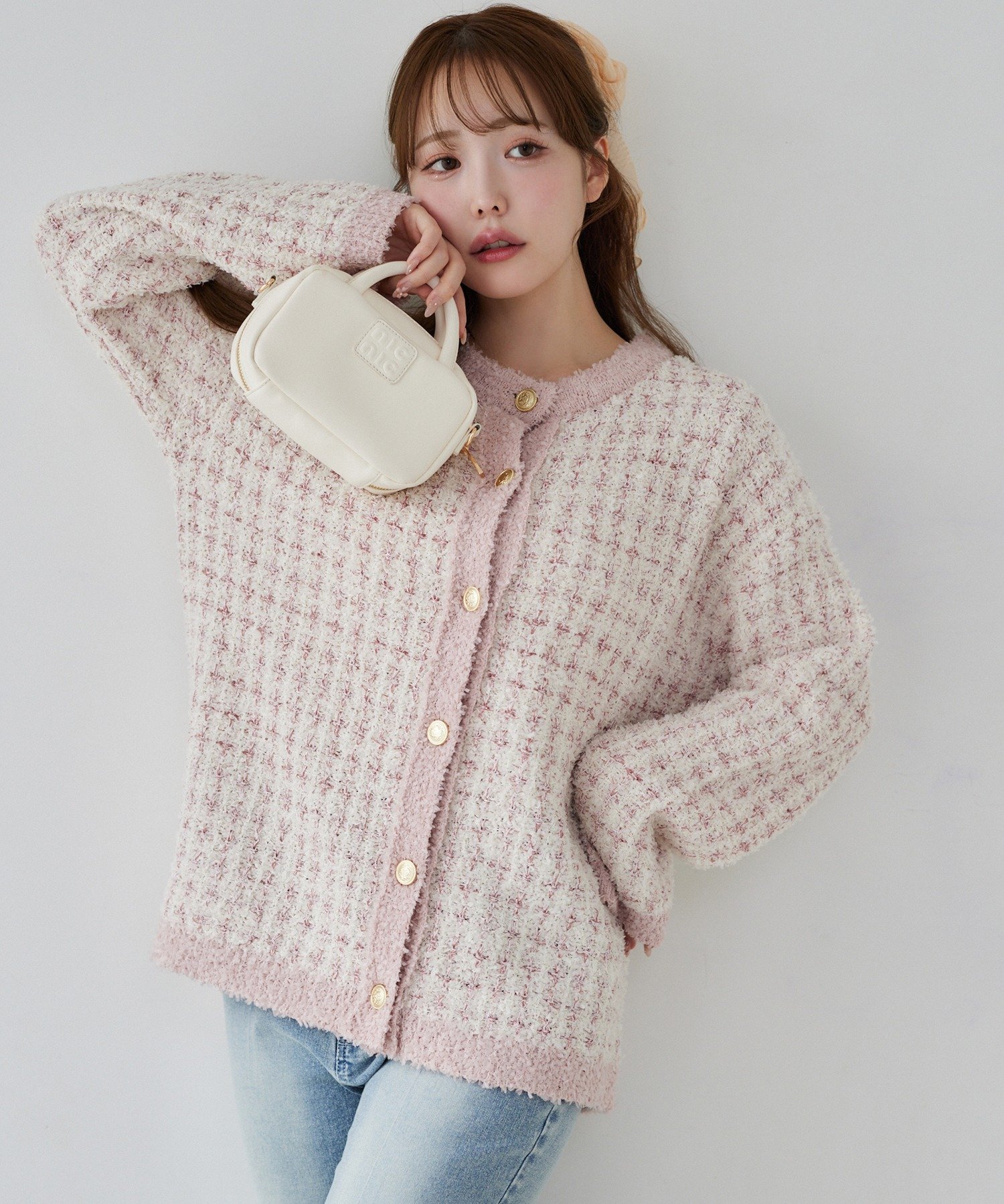 one after another NICE CLAUP 【ロングシーズン使える!】ツイードニットジャケット ワンアフターアナザー ナイスクラップ トップス ニット ブルー ブラック ホワイト ピンク【送料無料】のサムネイル