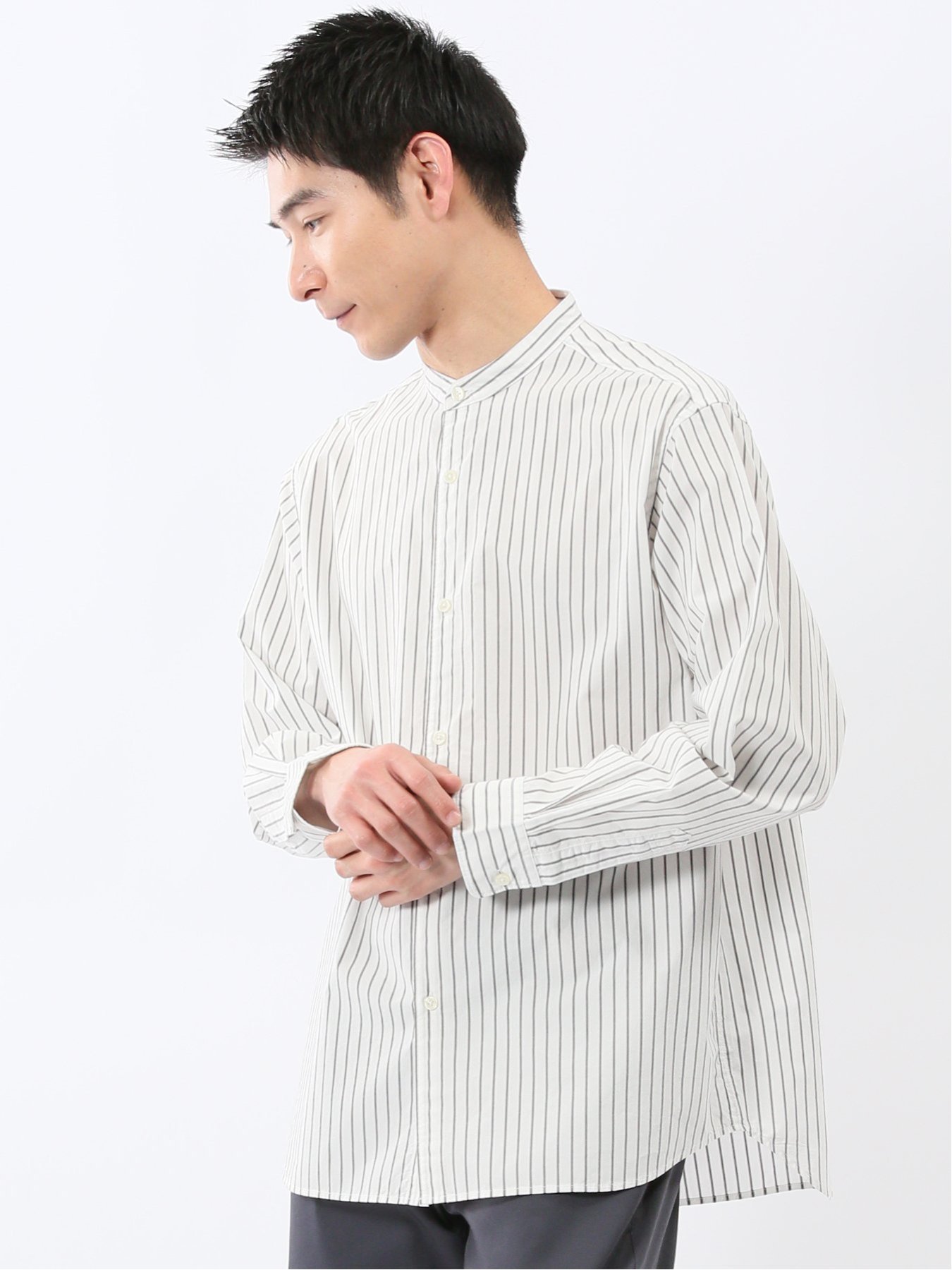 【SALE／30%OFF】TAKA-Q コットンタイプライター バンドカラー長袖シャツ 【26SS】 タカキュー トップス シャツ・ブラウス ホワイト ブルー