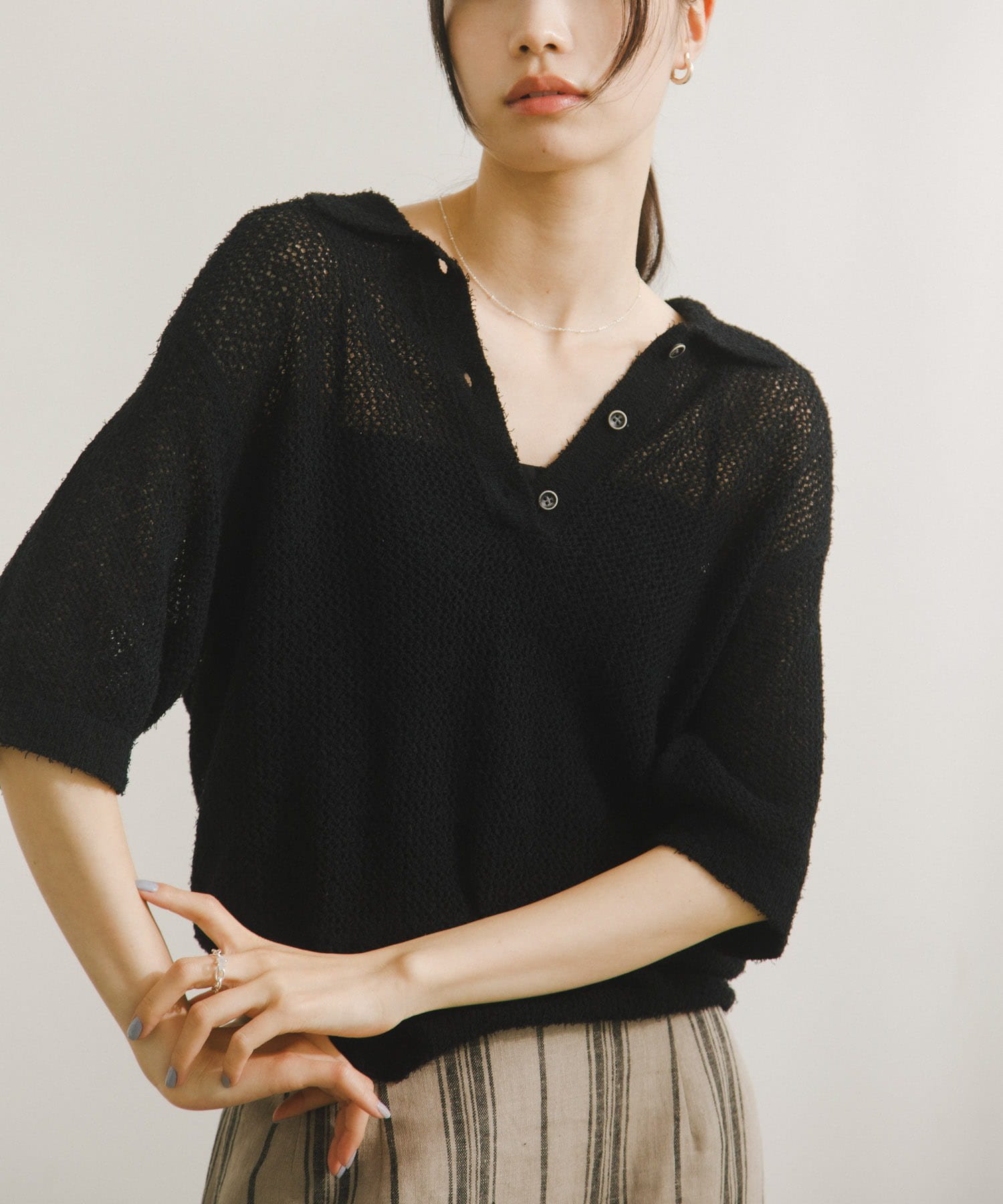 Acetate Mix Collared Knit アーバンリサーチドアーズ トップス ニット ブラック ベージュ