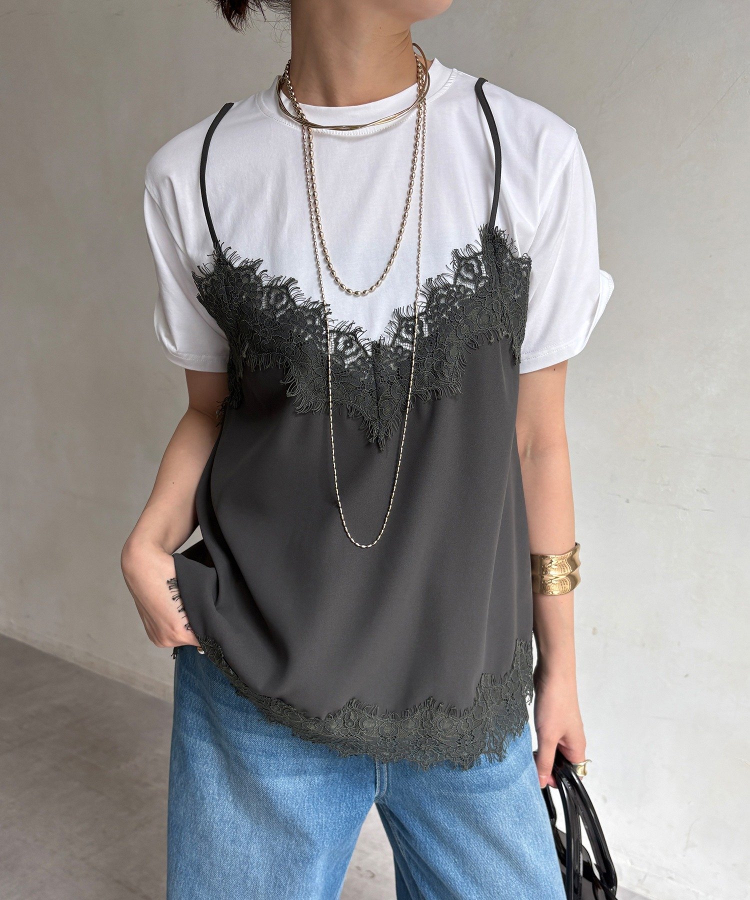 【WEB限定】キャミドッキングTEE ドゥドゥ トップス カットソー・Tシャツ ブラウン ブラック グレー