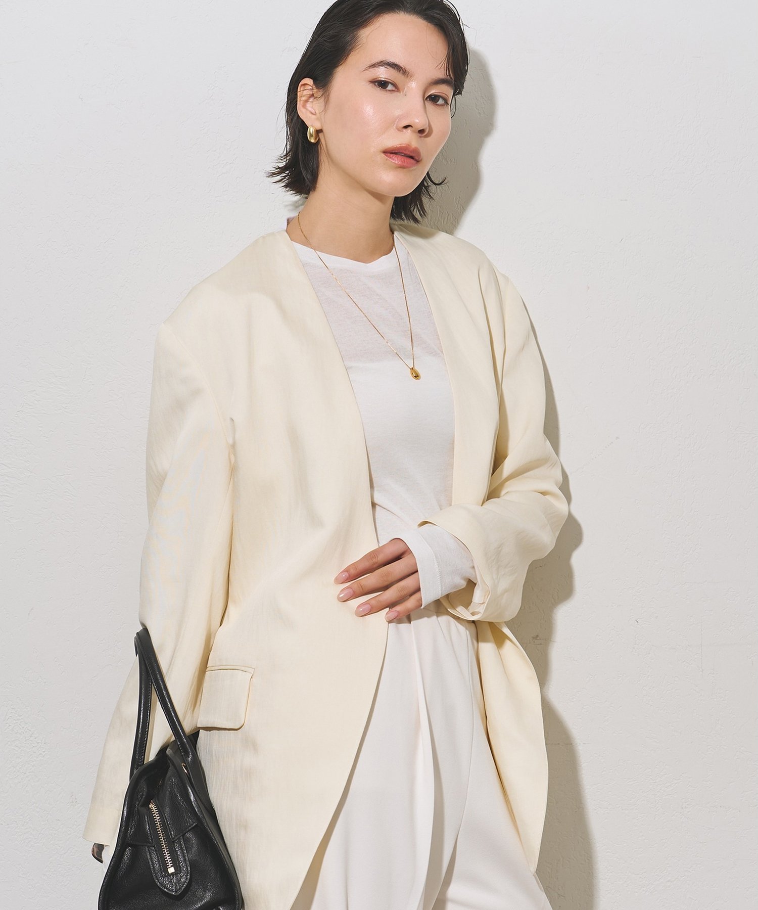 Whim Gazette 【インフルエンサーコラボ】ノーカラージャケット ウィム ガゼット ジャケット・アウター その他のジャケット・アウター ホワイト ブラック