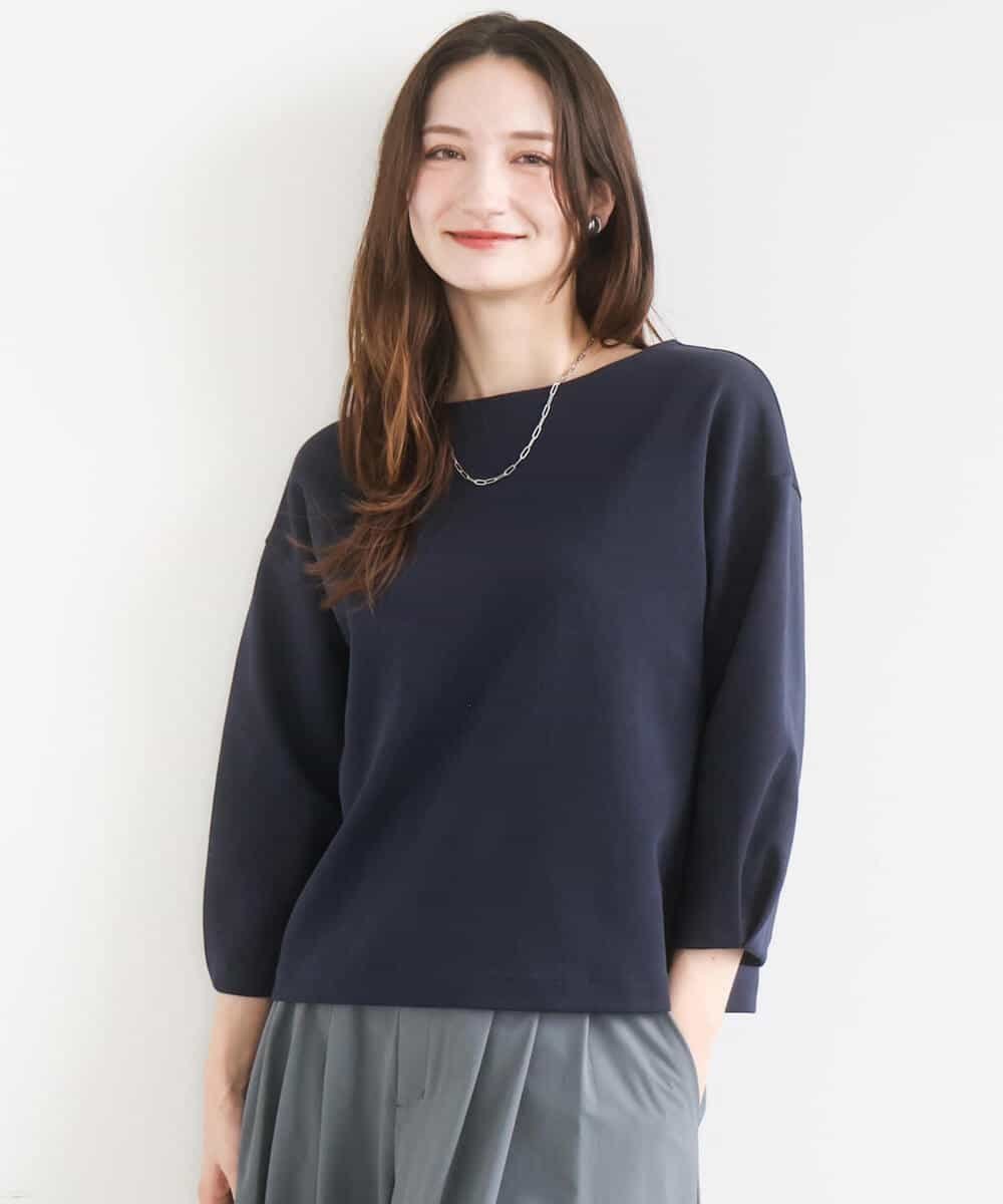 MK MICHEL KLEIN コットンポンチカットソー/洗える エムケーミッシェルクラン トップス カットソー・Tシャツ ネイビー ベージュ【送料無料】