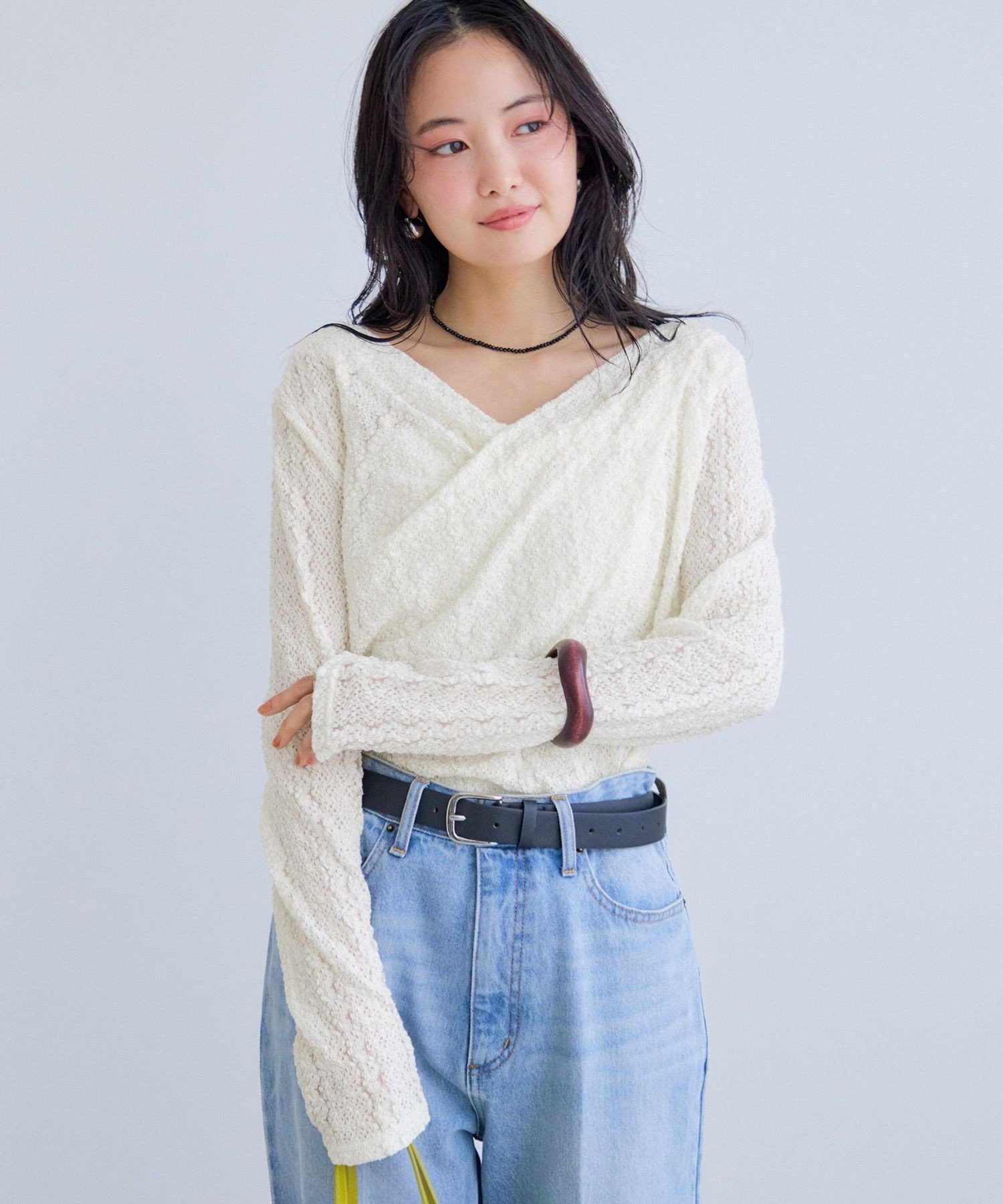 VIS 【WEB限定】レース長袖ドレープカットソー ビス トップス カットソー・Tシャツ ブラック ベージュ ブルー