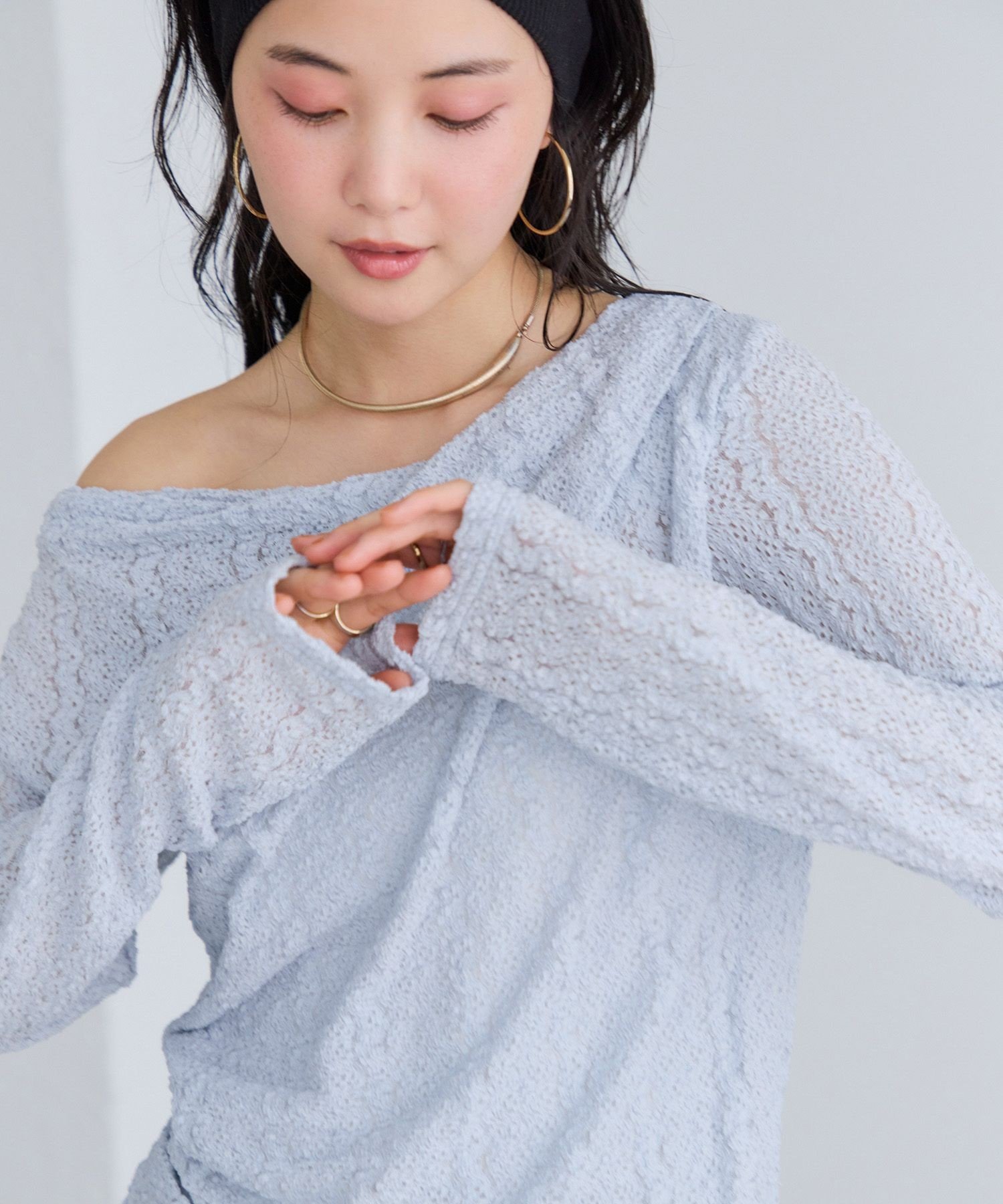 VIS 【WEB限定】レース長袖ドレープカットソー ビス トップス カットソー・Tシャツ ブラック ベージュ ブルー