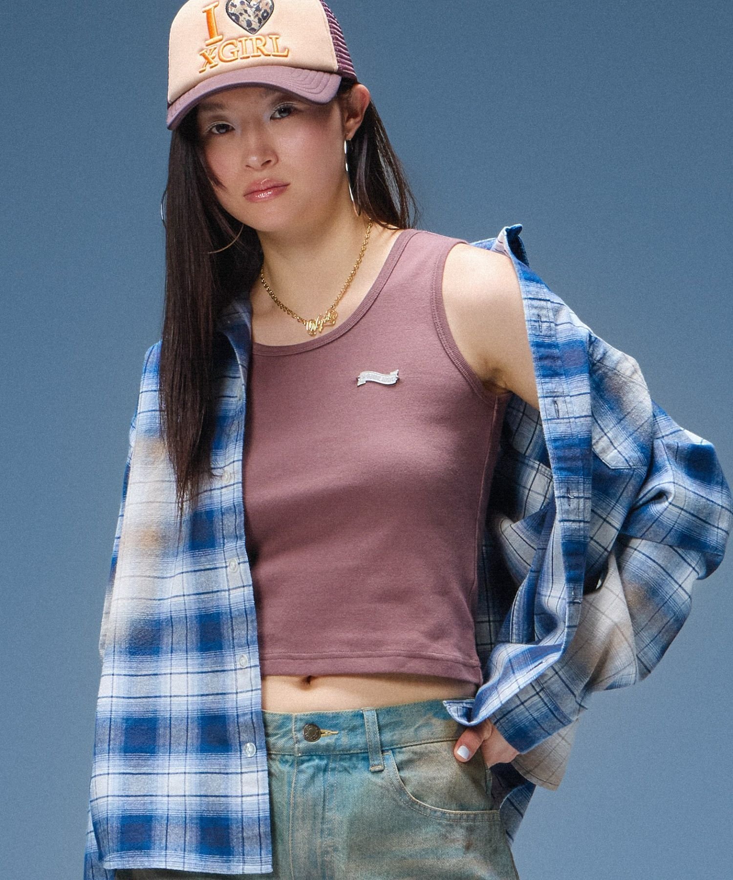 X-girl BLEACHED PLAID L/S SHIRT エックスガール トップス シャツ・ブラウス ブラック ブルー