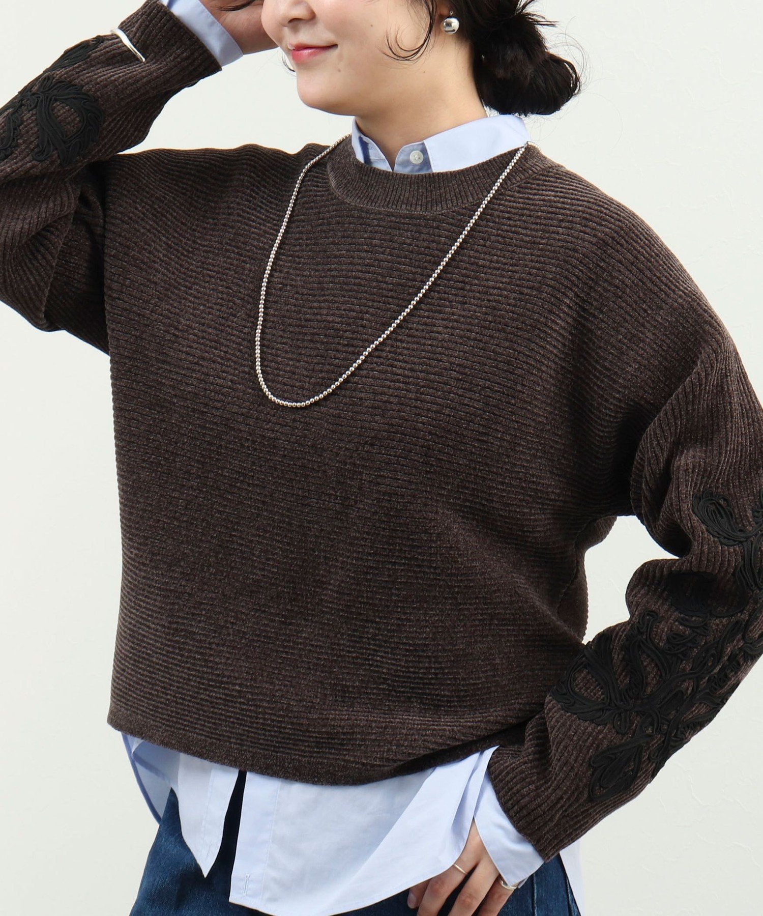 MICO COULIER コード刺繍ベロアモールプルオーバー ノーリーズ トップス ニット グレー ベージュ