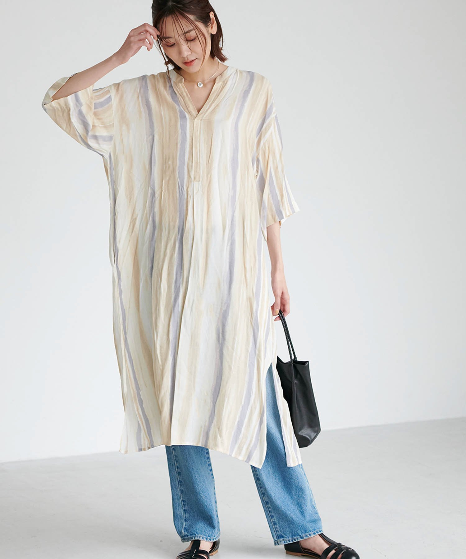 【SALE／50%OFF】ROPE' PICNIC 手書き風ストライプシャツワンピース ロペピクニック ワンピース・ドレス シャツワンピース パープル ブラウン イエロー