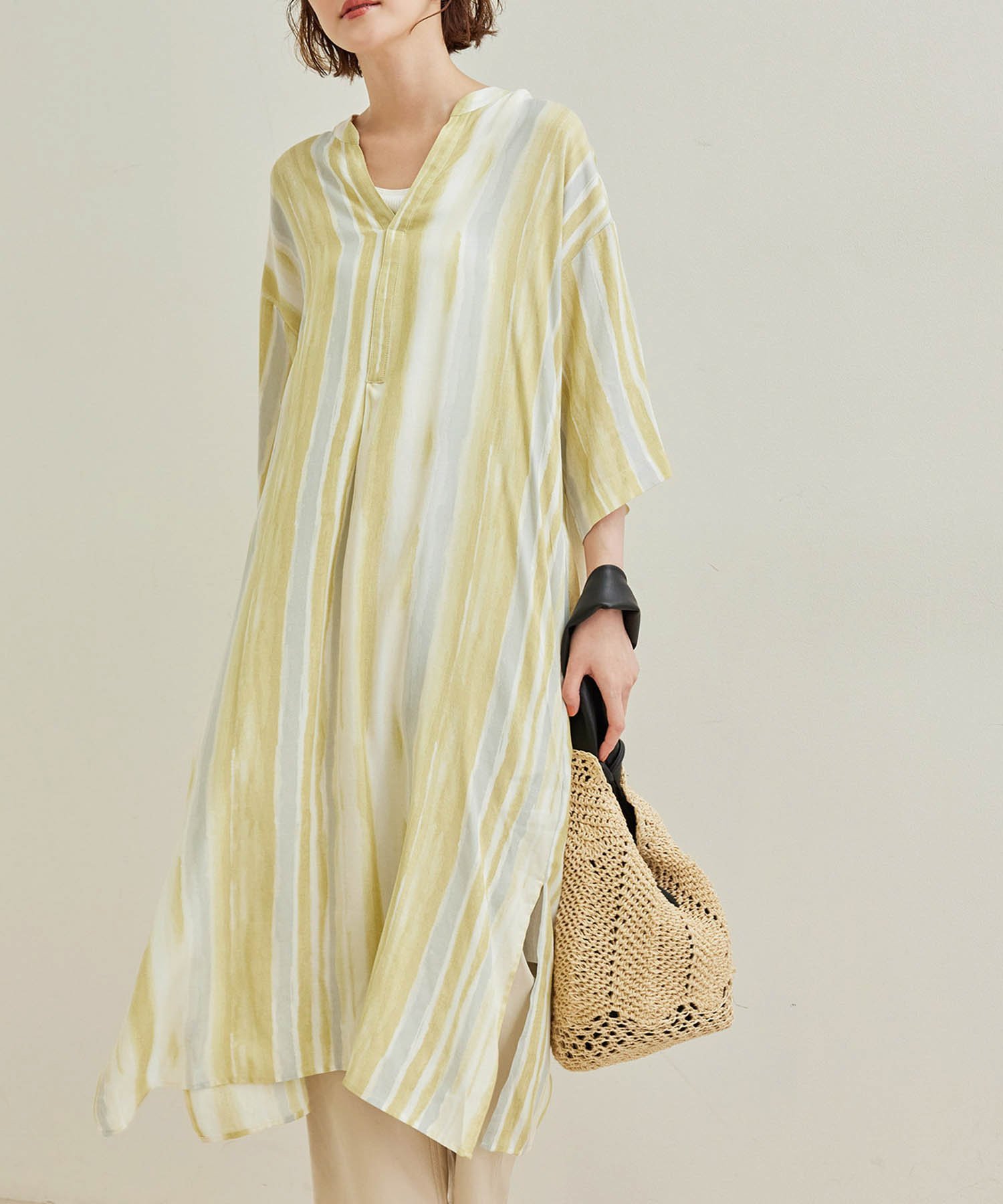 【SALE／50%OFF】ROPE' PICNIC 手書き風ストライプシャツワンピース ロペピクニック ワンピース・ドレス シャツワンピース パープル ブラウン イエロー