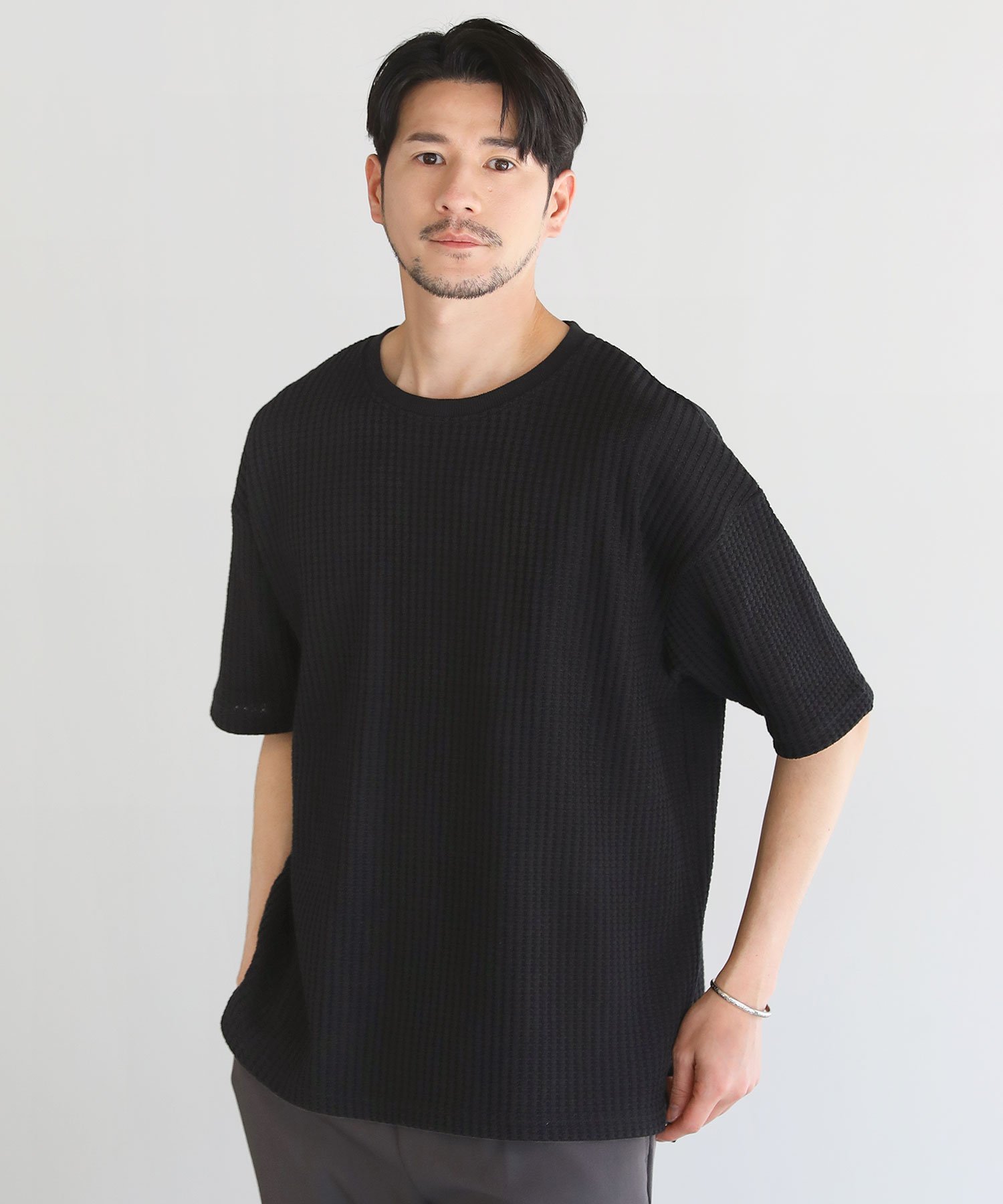 SPU ポリコットン立体ビッグワッフル半袖Tシャツ カジュアル トップス カットソー・Tシャツ ブルー グレー ブラック ホワイト
