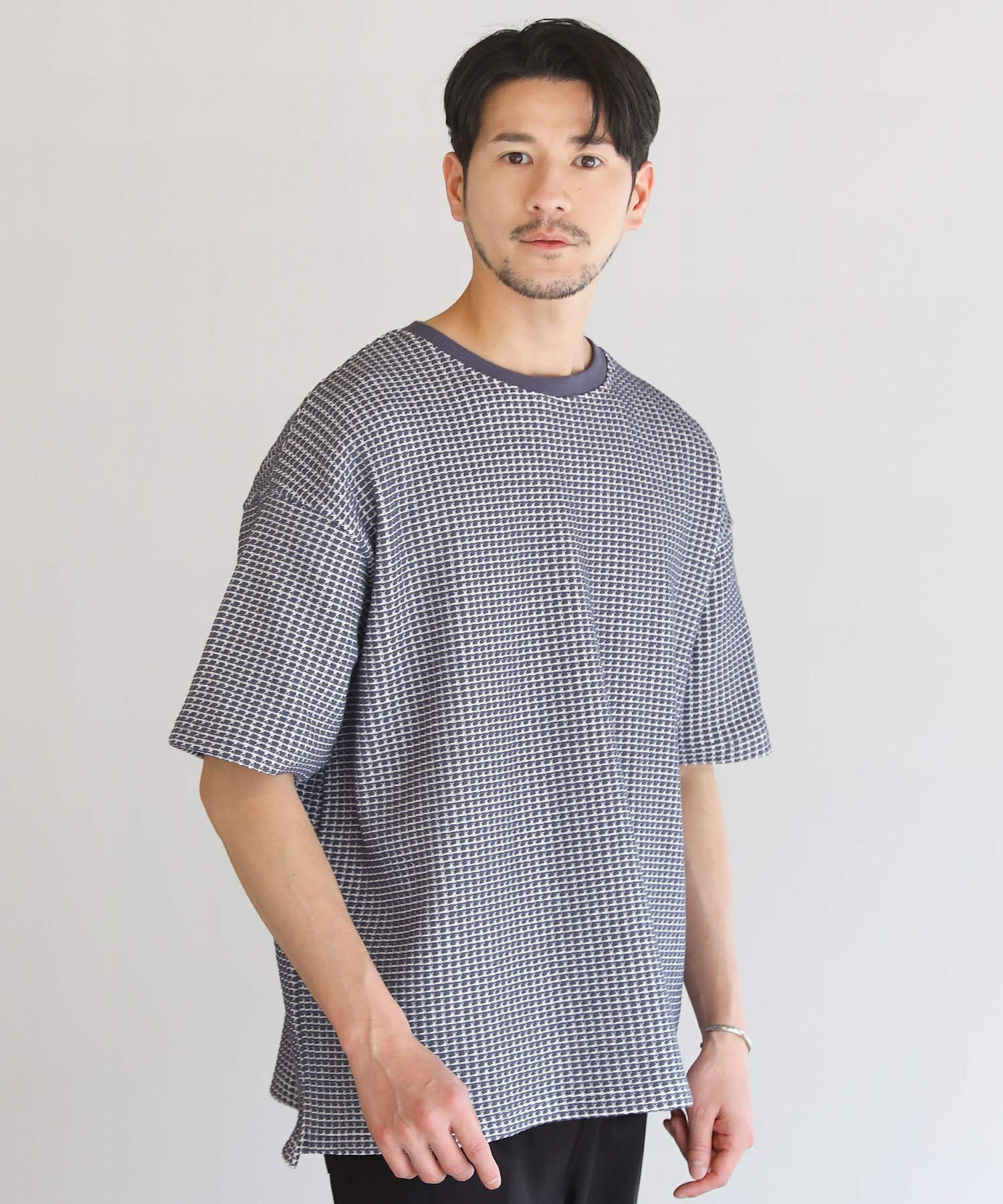 SPU ポリコットン立体ビッグワッフル半袖Tシャツ カジュアル トップス カットソー・Tシャツ ブルー グレー ブラック ホワイト
