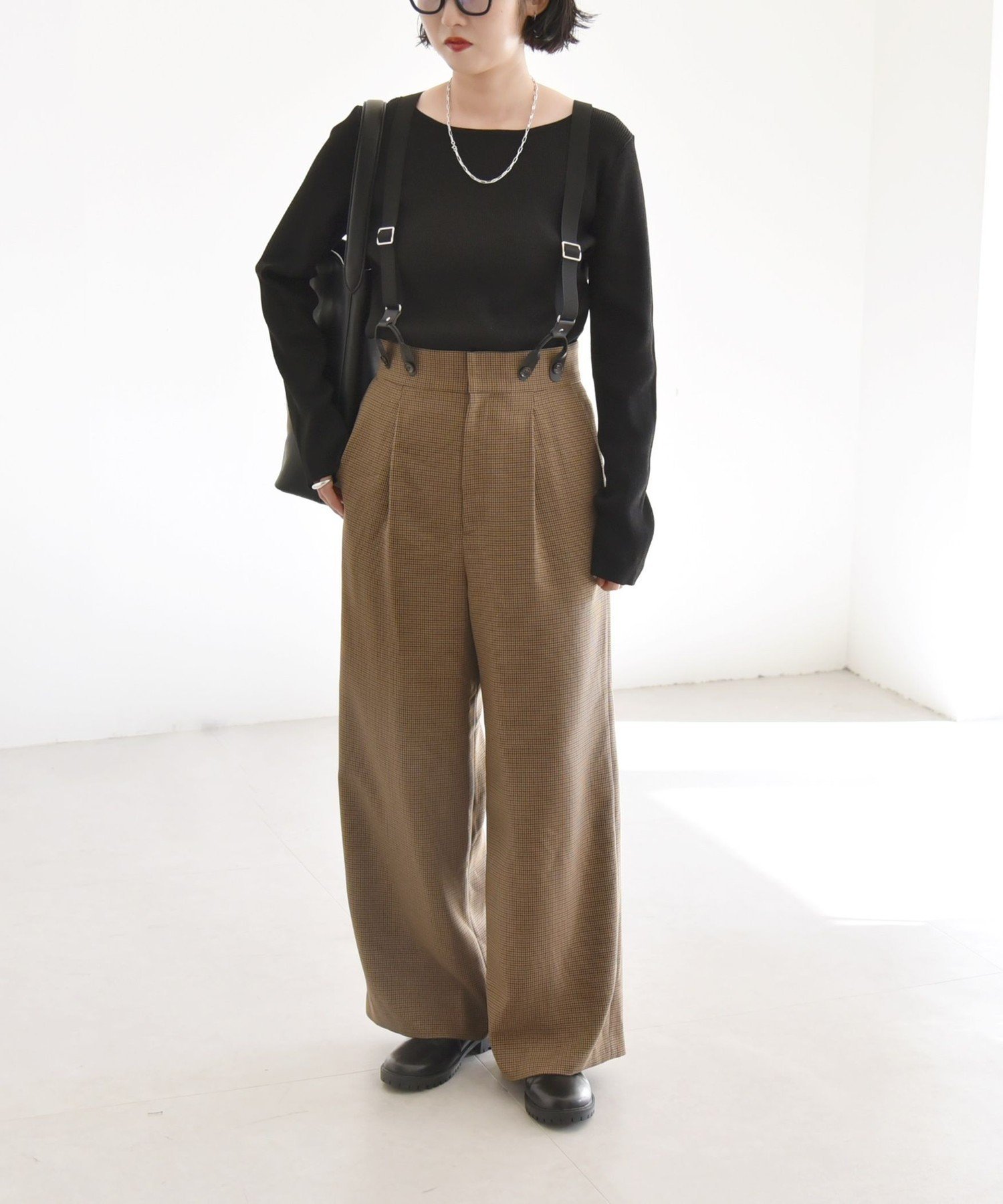 【SALE／60%OFF】quaranciel quaranciel:＜洗濯機可能＞チェック サスペンダー付 タック ワイド パンツ シップス パンツ スラックス・ドレスパンツ ブラウン ネイビー【送料無料】