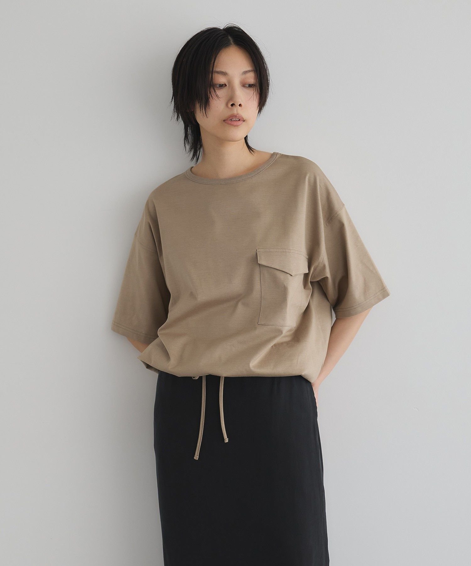 【日本製】6分袖裾ドロストプルオーバー ガレージ オブ グッド クロージング トップス カットソー・Tシャツ カーキグリーン ホワイト