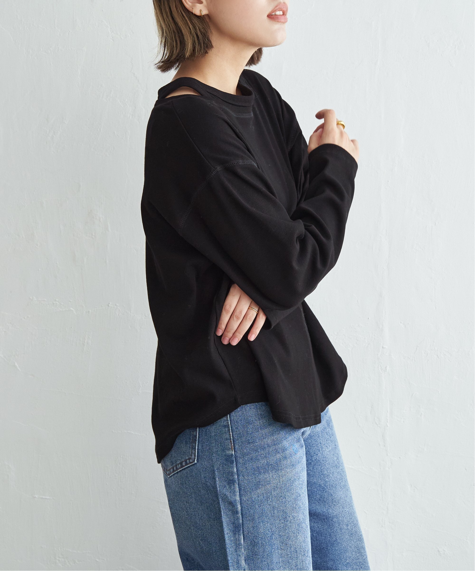 notch. テレコネックデザインロンT ノッチ トップス カットソー・Tシャツ グレー ホワイト ブラック