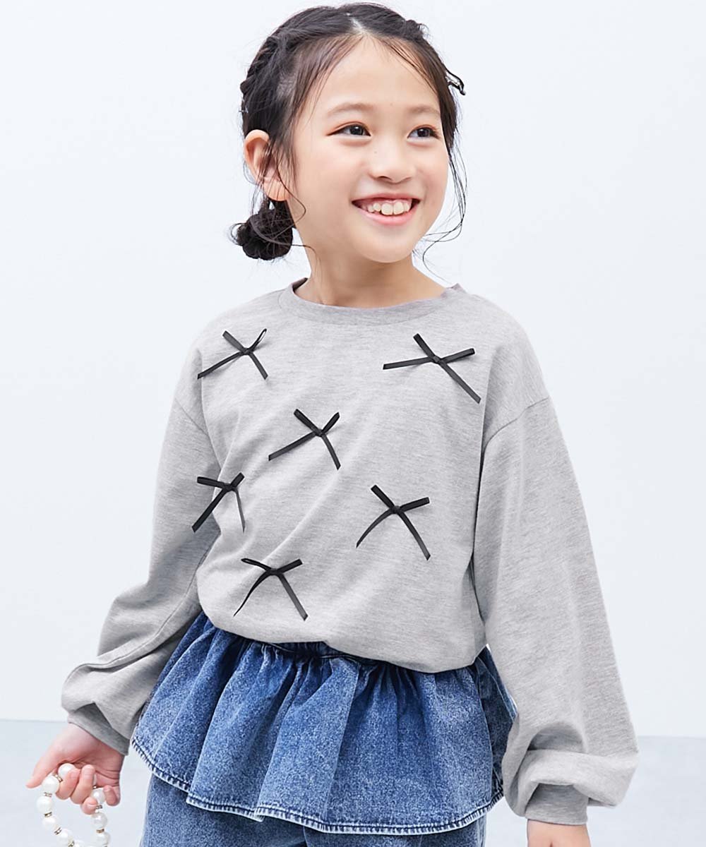 [SALE / 35 % OFF] devirock 설렘 리본 옷자락 라운드 긴 소매 T 셔츠 아동복 키즈 소녀 리본 론 T 26SS 데비 록 탑스 컷 톱 · T 셔츠 레드 블루 그레이