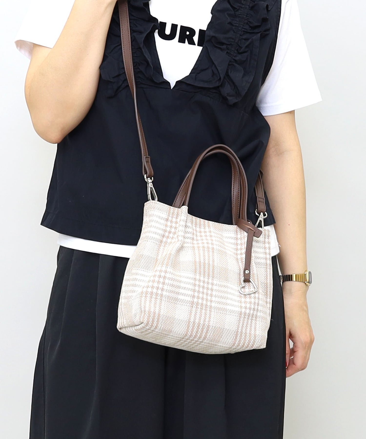 【SALE／40%OFF】COOCO チェック柄ツマミハンドル2WAYミニトートバッグ プードゥードゥー バッグ トートバッグ ベージュ ブラック