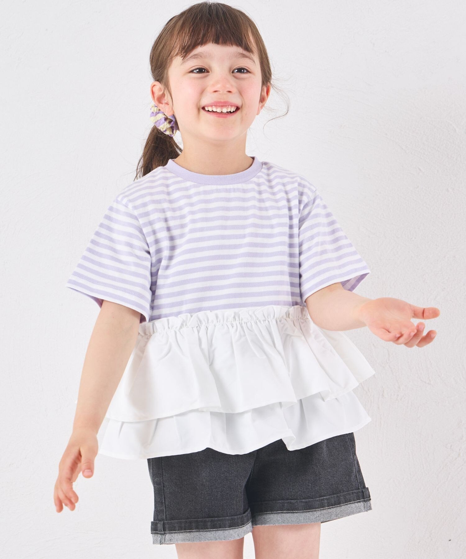 【SALE／5%OFF】pairmanon ガールズ ペプラム ドッキング ボーダーTシャツ ペアマノン トップス カットソー・Tシャツ ブラック パープル