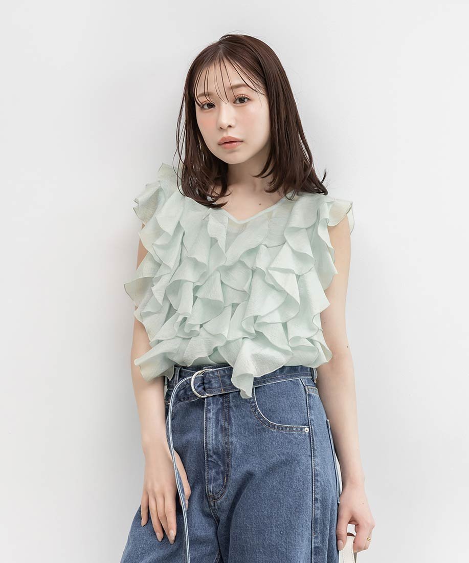RANDA シアーラッフルノースリーブブラウス ランダ トップス シャツ・ブラウス ホワイト グリーン ピンク