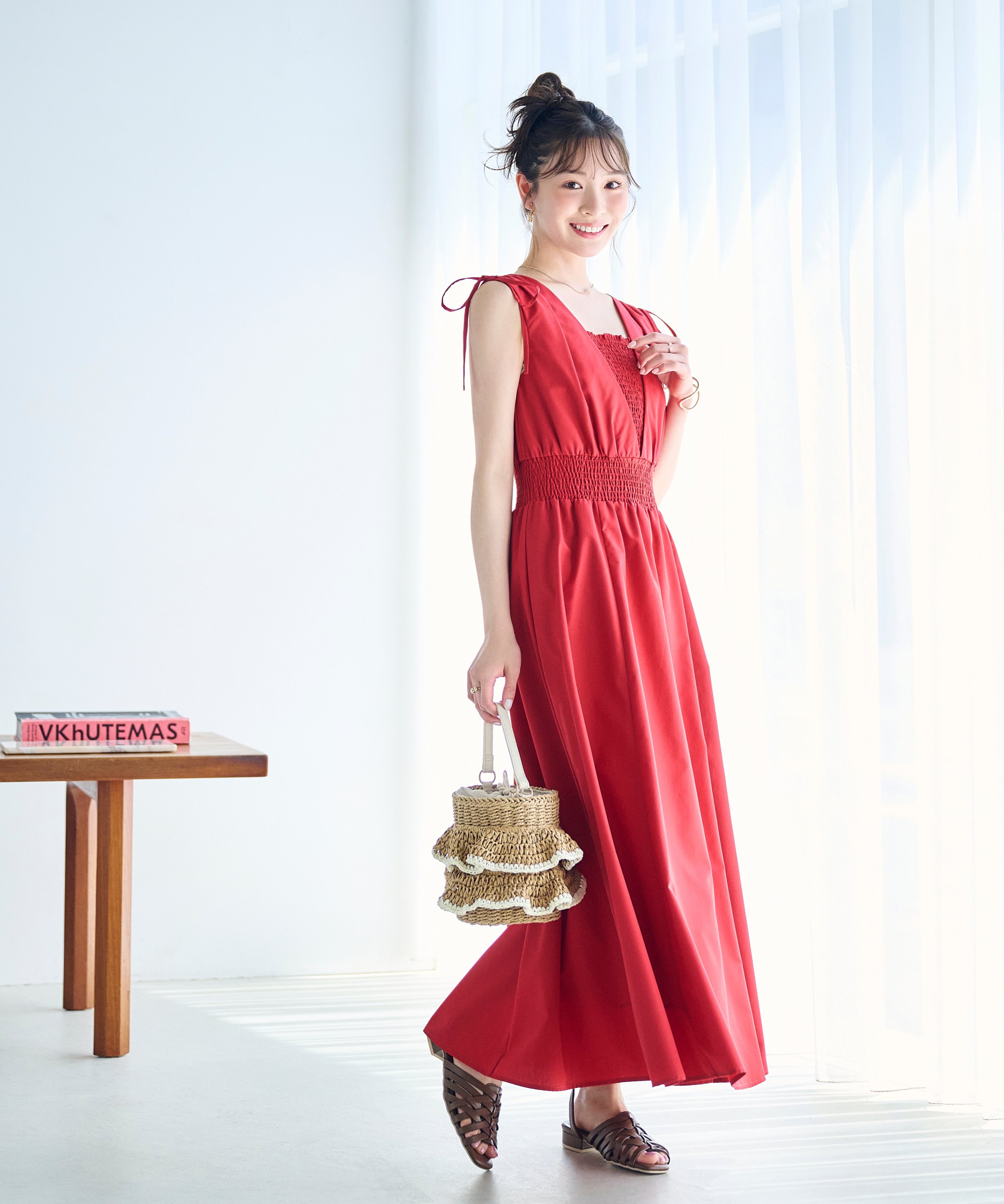 PROPORTION BODY DRESSING ＜中川紅葉さん着用＞ショルダーリボンギャザーワンピース プロポーションボディドレッシング ワンピース・ドレス ワンピース レッド ブラック