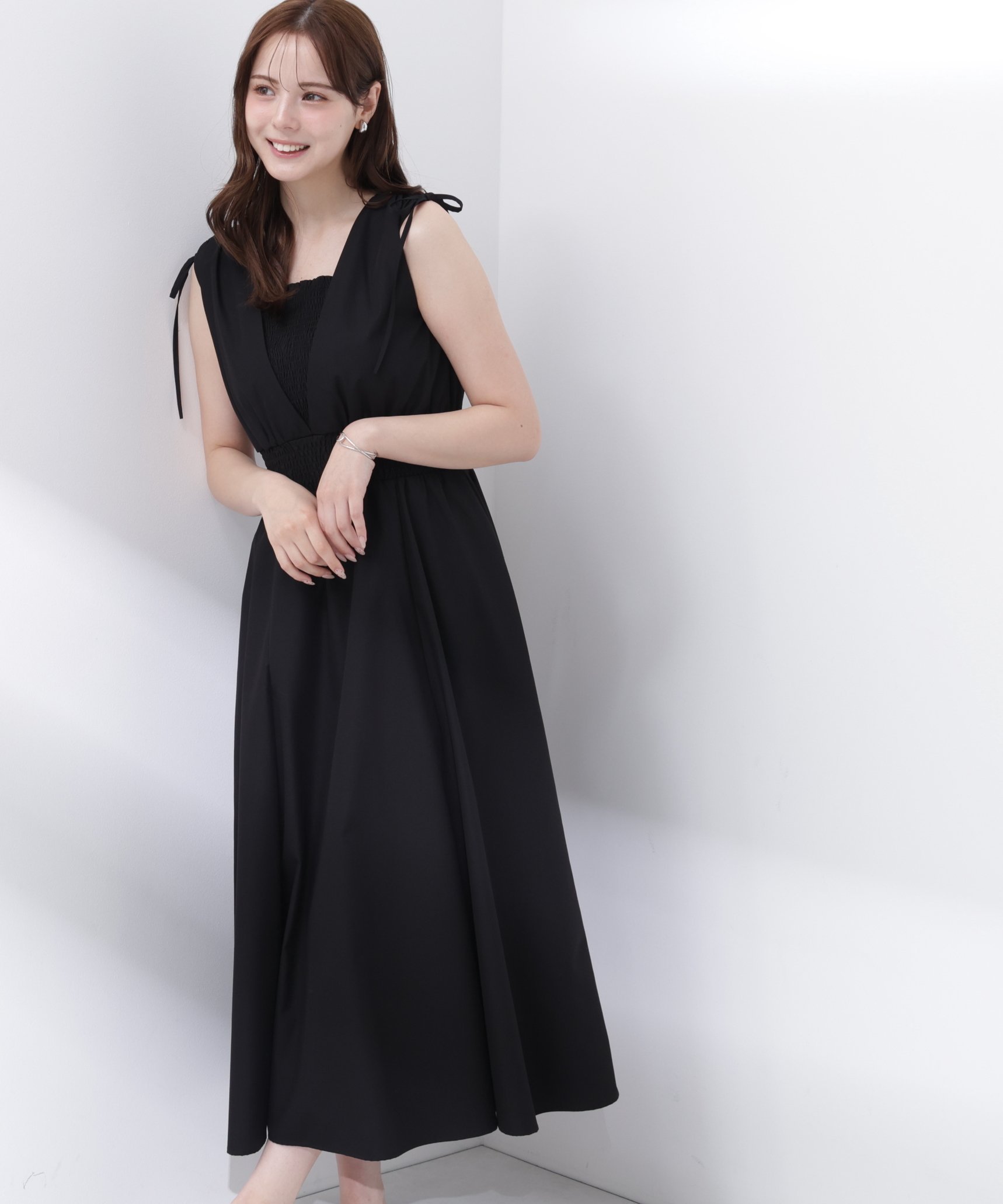 PROPORTION BODY DRESSING ＜中川紅葉さん着用＞ショルダーリボンギャザーワンピース プロポーションボディドレッシング ワンピース・ドレス ワンピース レッド ブラック
