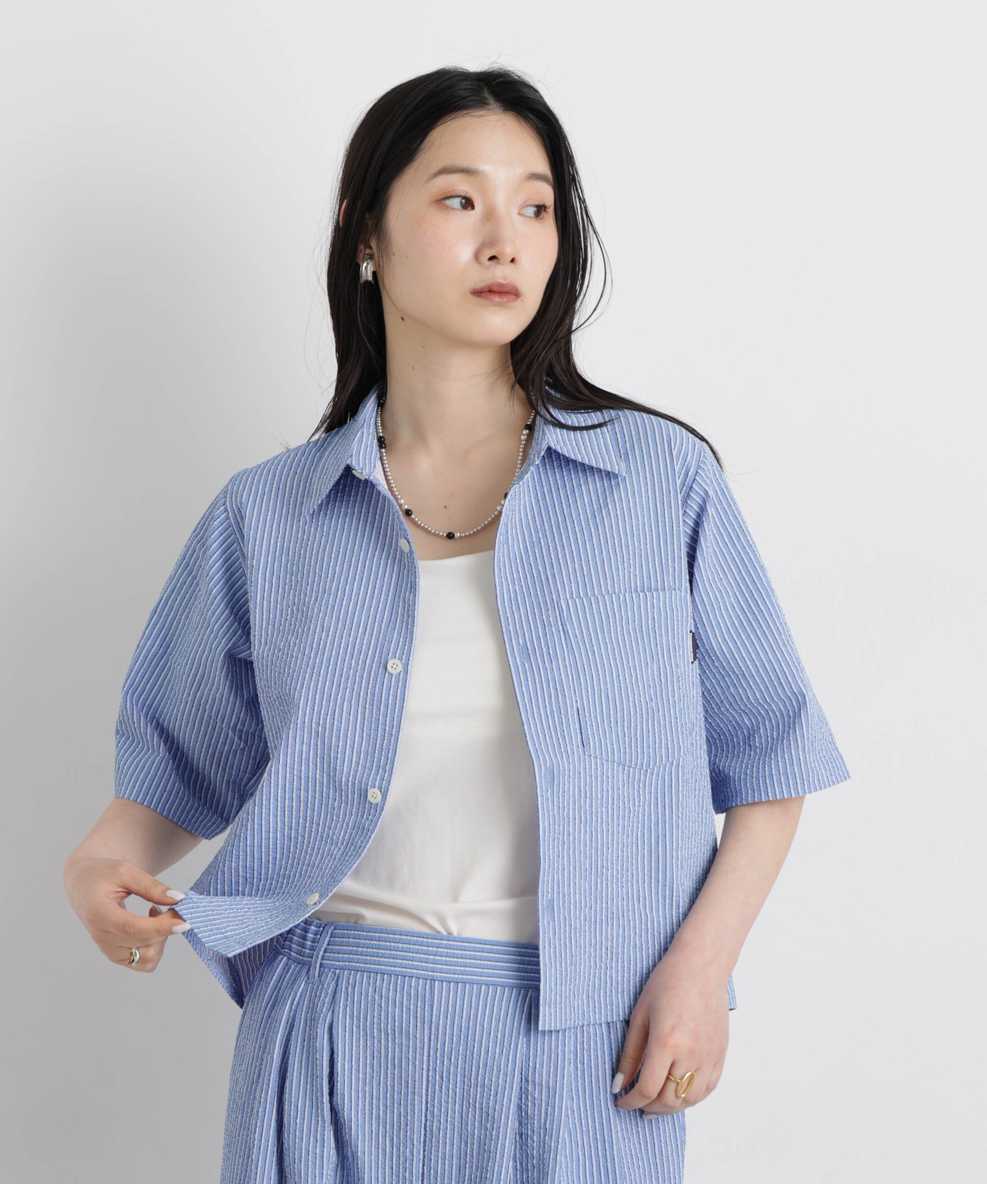 NANO universe THOUSAND MILE/SEERSUCKER STRIPE SHIRT(セットアップ可) ナノユニバース トップス シャツ・ブラウス ブルー
