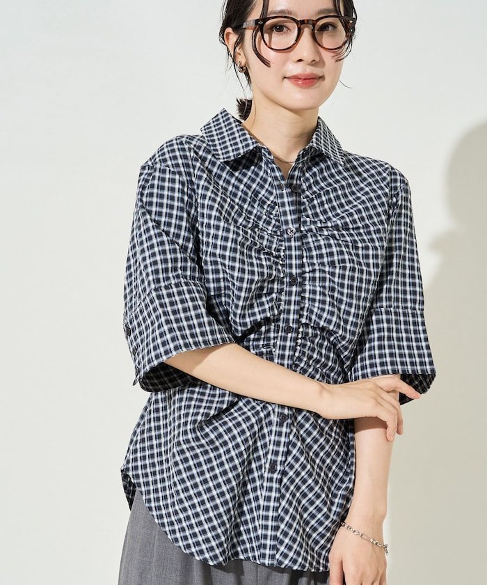 限定展開 チェック フロント ギャザー 半袖 シャツ フリークスストア トップス シャツ・ブラウス ブラウン ブラック ホワイト グリーン