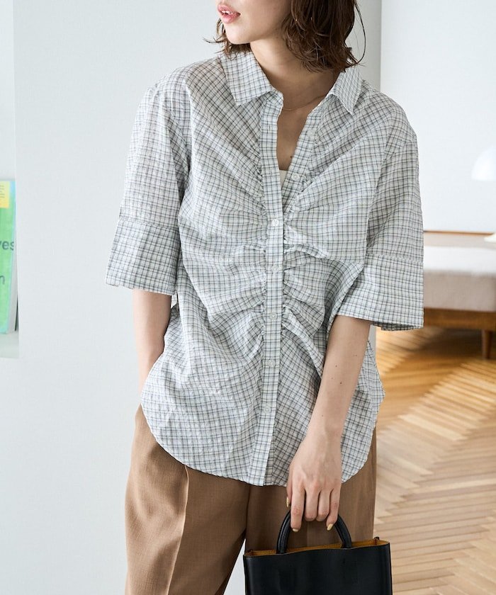 【SALE／70%OFF】FREAK'S STORE 限定展開 チェック フロント ギャザー 半袖 シャツ フリークスストア トップス シャツ・ブラウス ブラウン ブラック ホワイト グリーン