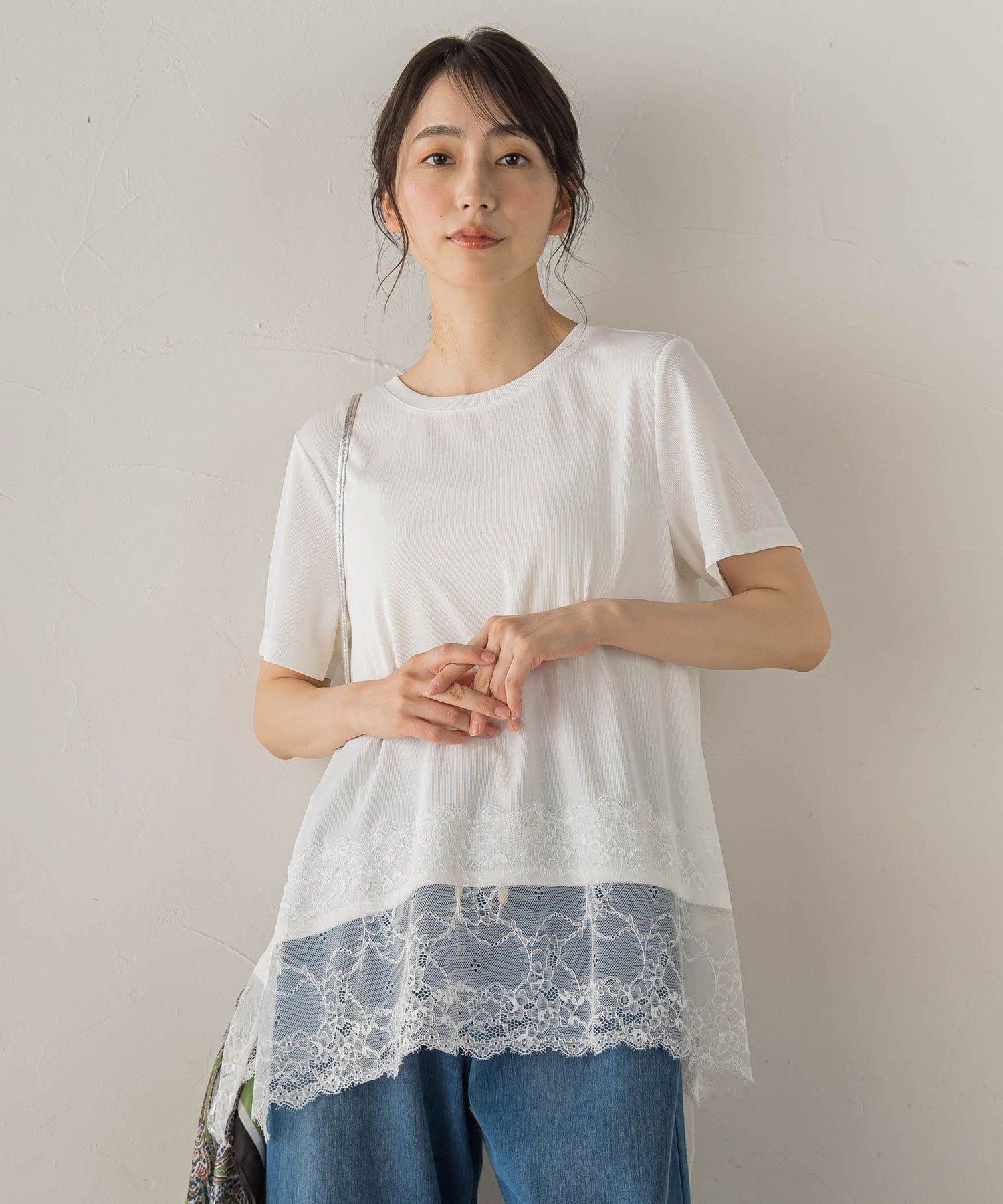 レースコンビ半袖リブカットソー ドロワット・ロートレアモン トップス カットソー・Tシャツ ブラック ホワイト