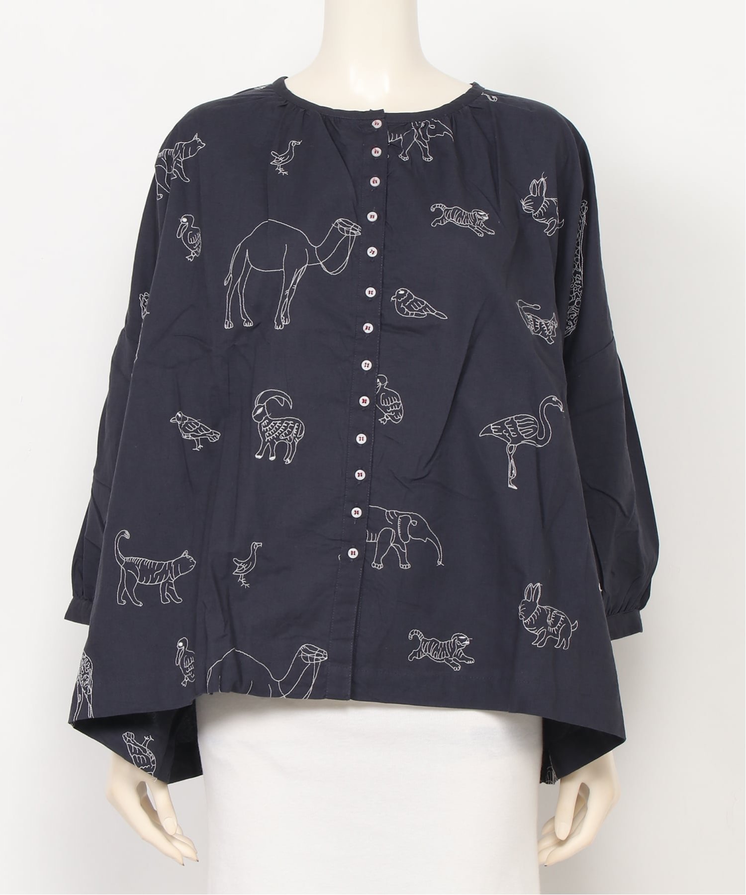 relaclo select relaclo select/(W)アニマル刺繍ブラウス リラクロ トップス シャツ・ブラウス ネイビー