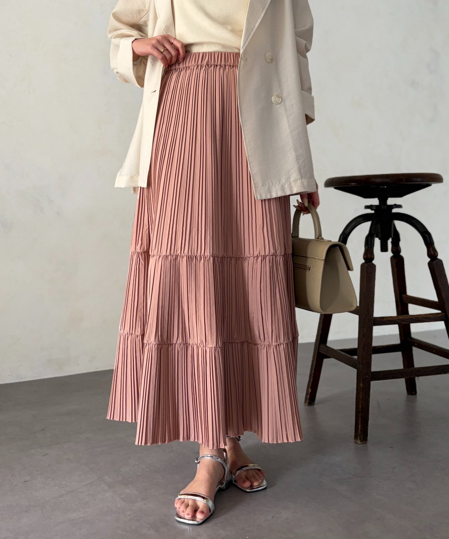 Chez toi プリーツ切替ティアードスカート シェトワ スカート ロング・マキシスカート ベージュ ピンク ブラック【送料無料】