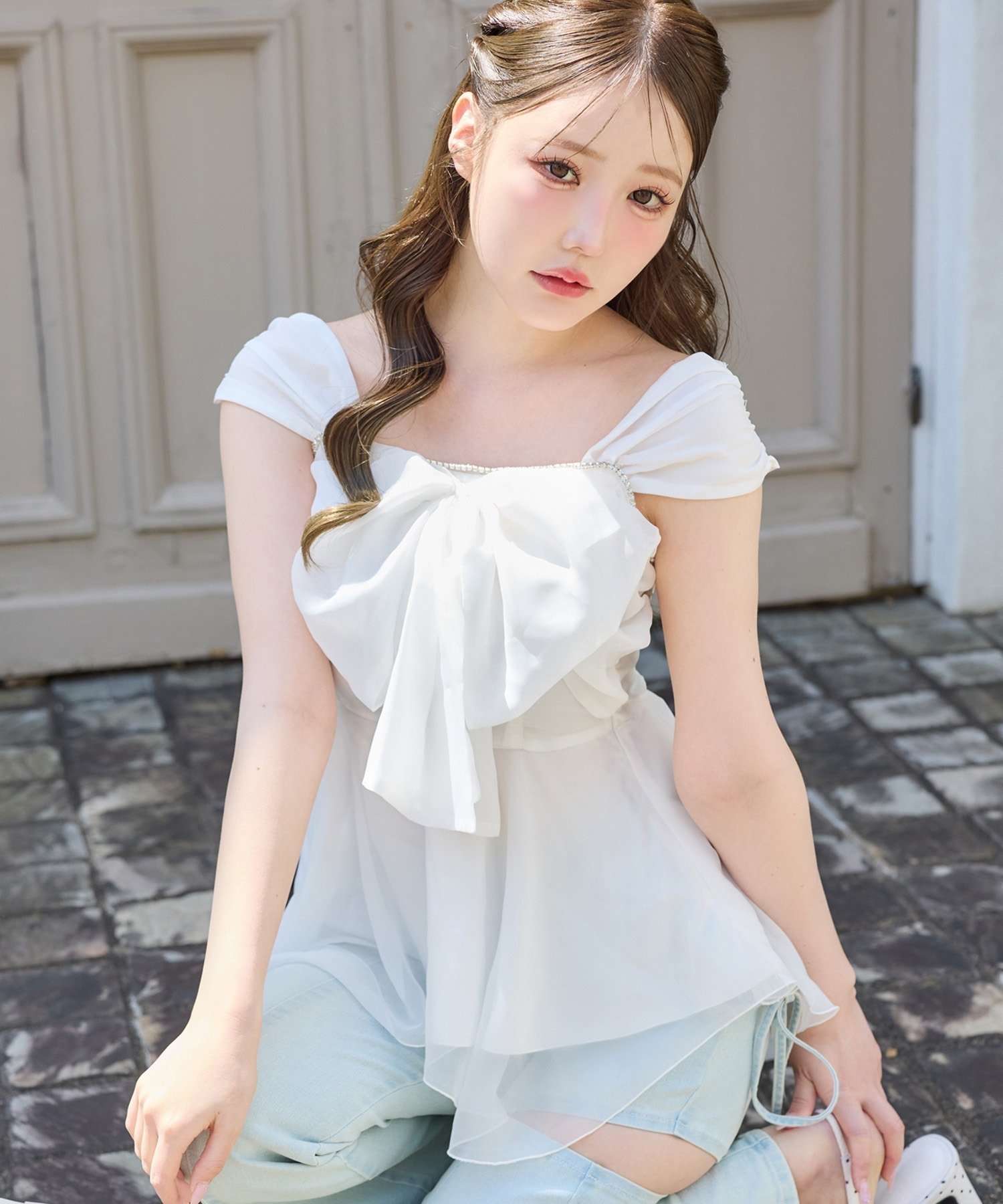 one after another NICE CLAUP 【ウォッシャブル】フロントリボンチュニック ワンアフターアナザー ナイスクラップ トップス シャツ・ブラウス ブラック ホワイト ピンク