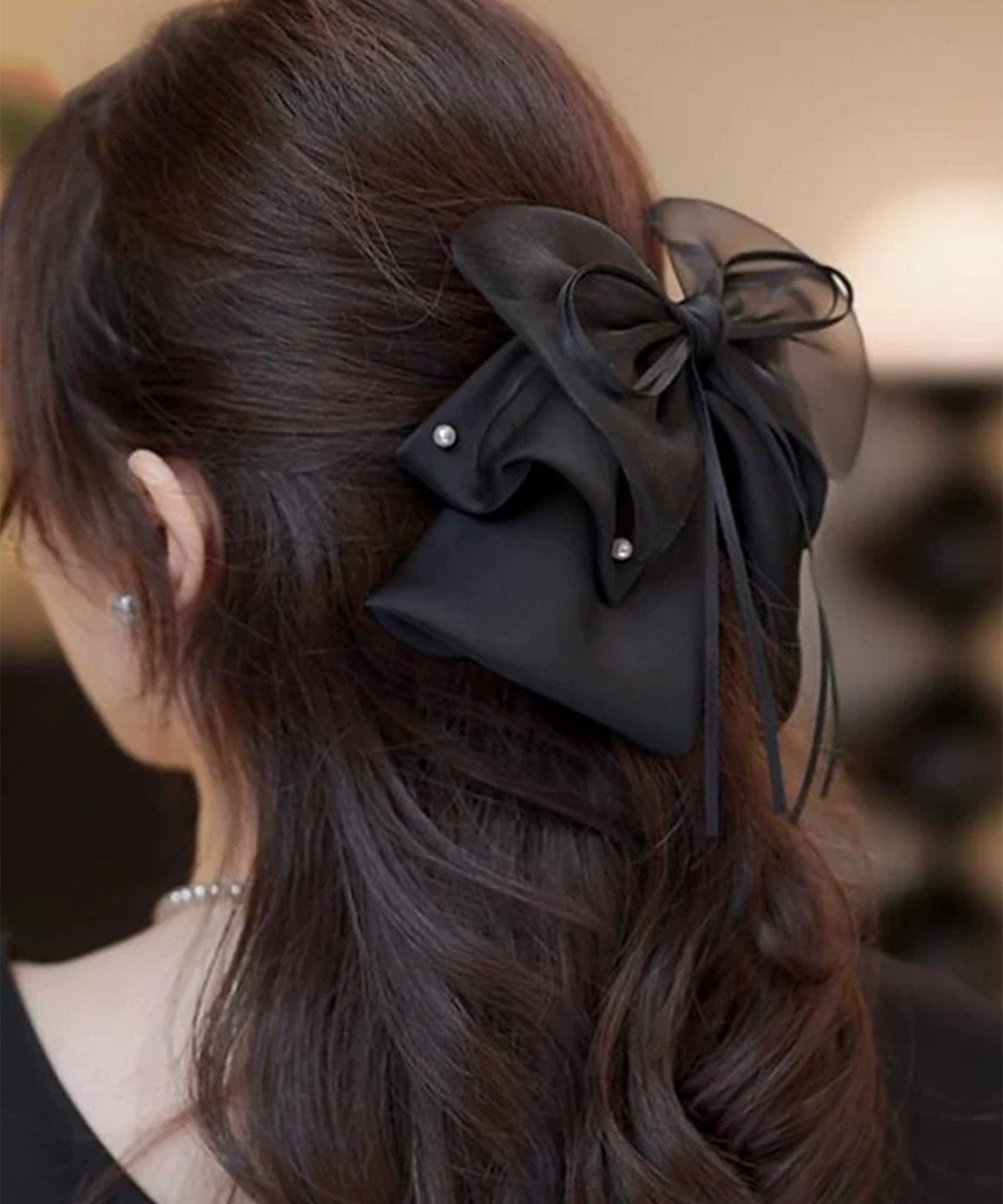 パール付き レイヤードリボン ヘアクリップ cula1571 チュクラ ヘアアクセサリー バレッタ・ヘアクリップ・ヘアピン ブラック