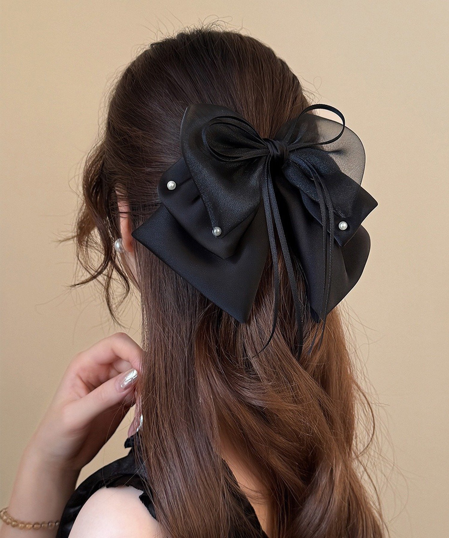パール付き レイヤードリボン ヘアクリップ cula1571 チュクラ ヘアアクセサリー バレッタ・ヘアクリップ・ヘアピン ブラック