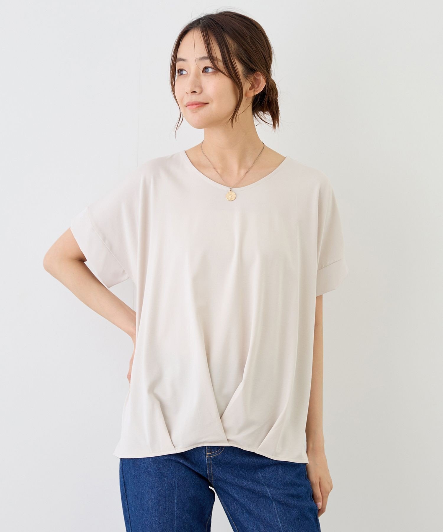 JAYRO ポンチ接触冷感裾タックTシャツ ジャイロ トップス カットソー・Tシャツ ベージュ ブルー ホワイト グレー ブラック