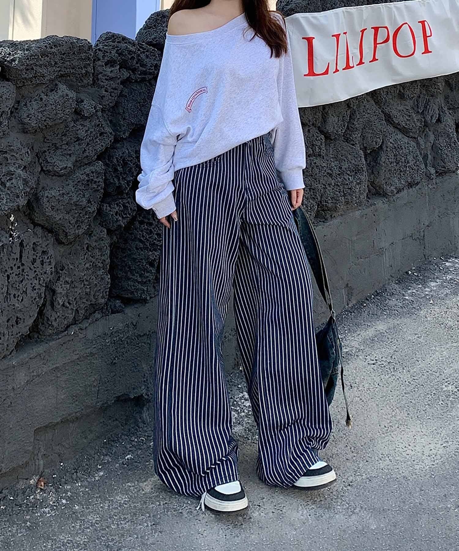 【SALE／10%OFF】aimoha - select - aimoha -select-/ストライプワイドデニムパンツ アイモハ パンツ ジーンズ・デニムパンツ ネイビー【送料無料】