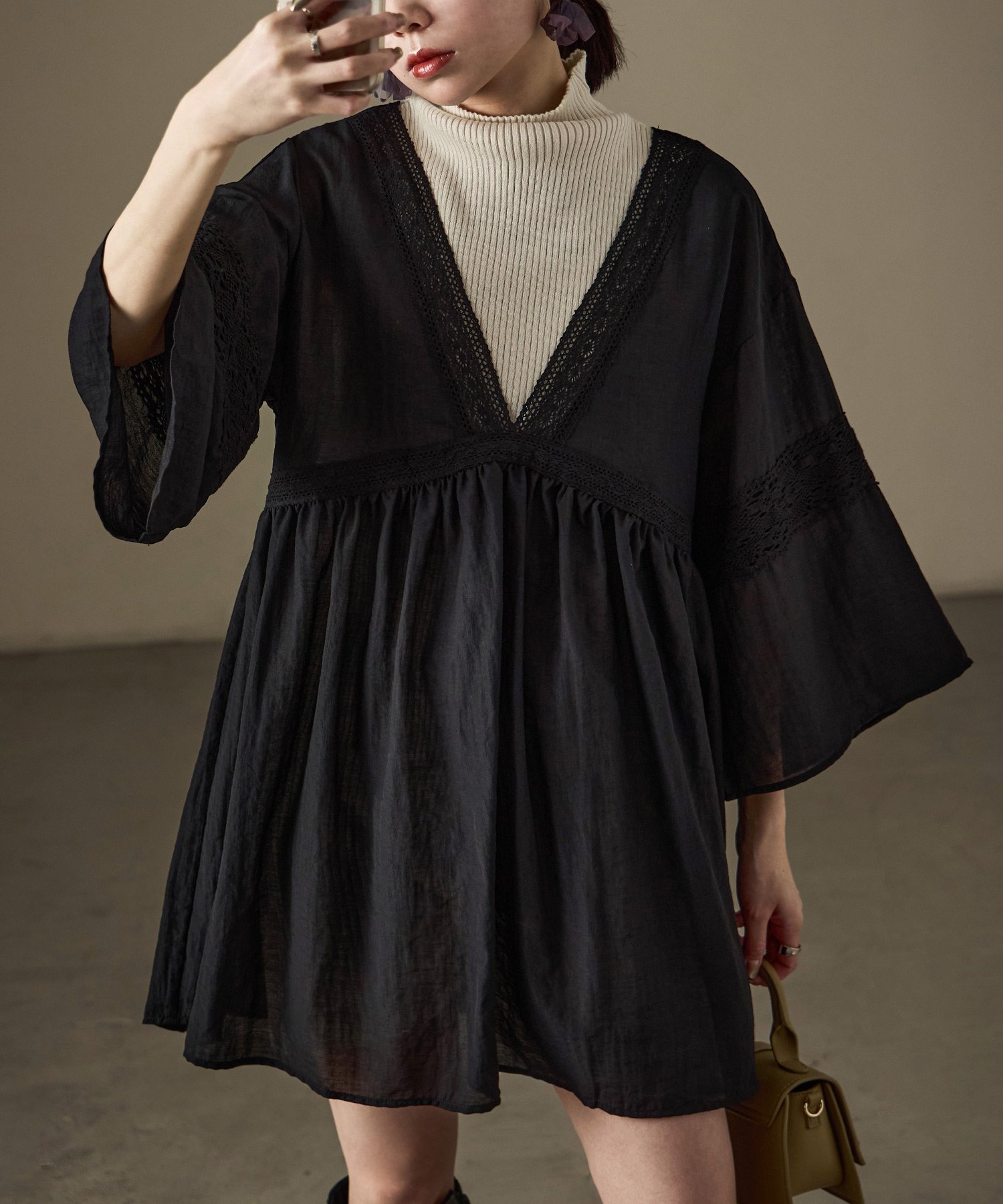 FashionLetter クロシェレース バタフライチュニック ビーフラット ワンピース・ドレス チュニック ホ..