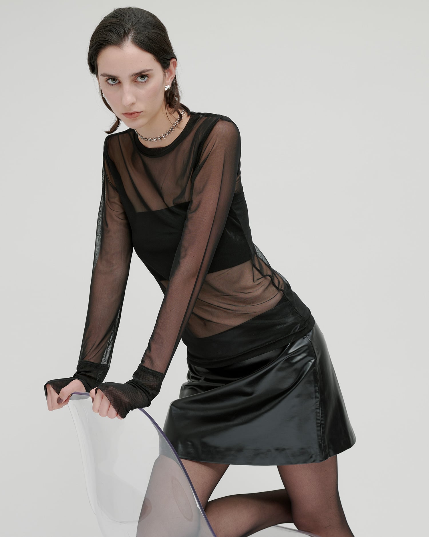 kiehtova kiehtova/SHEER STRETCH TULLE TOPS/シアー ストレッチ チュール トップス 長袖 フォブ トップス カットソー・Tシャツ ブラウン ブラック