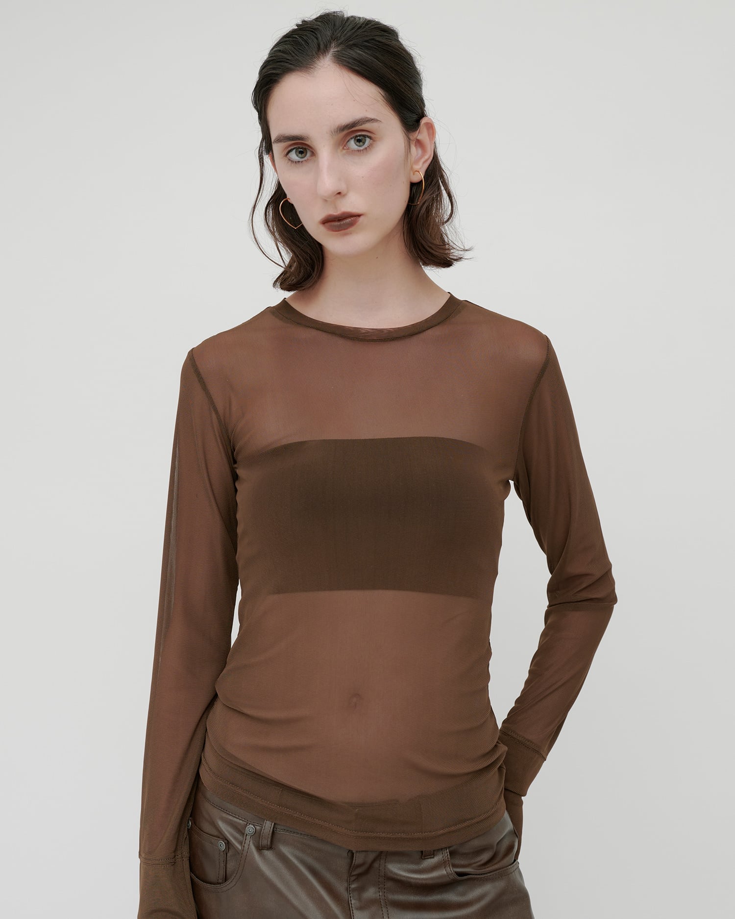 kiehtova kiehtova/SHEER STRETCH TULLE TOPS/シアー ストレッチ チュール トップス 長袖 フォブ トップス カットソー・Tシャツ ブラウン ブラック