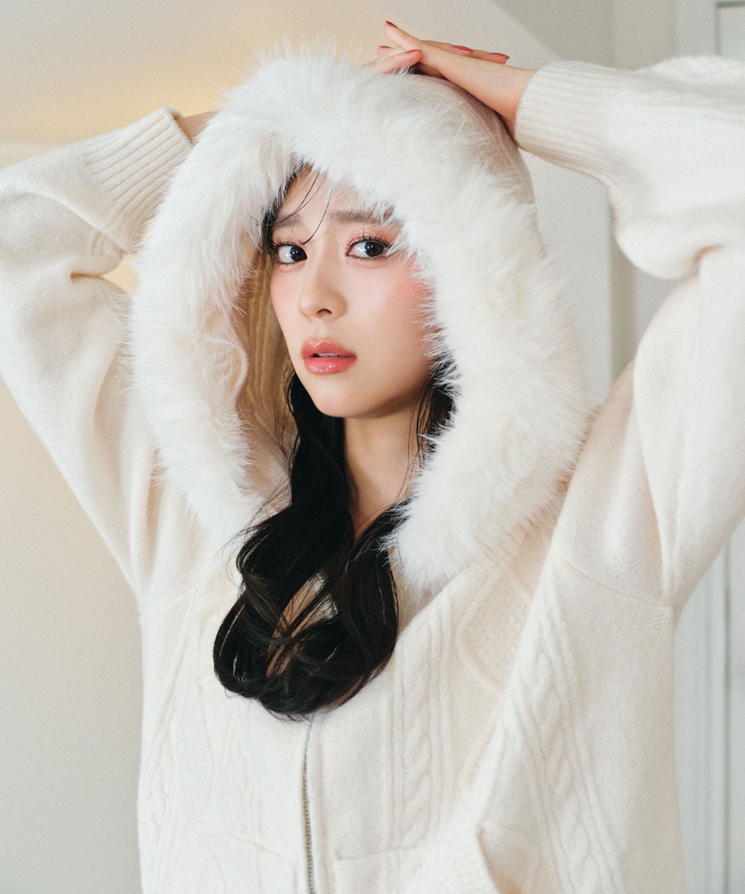 Heather ファーフードニット ヘザー トップス ニット ベージュ グレー ホワイト ブラウン【送料無料】のサムネイル