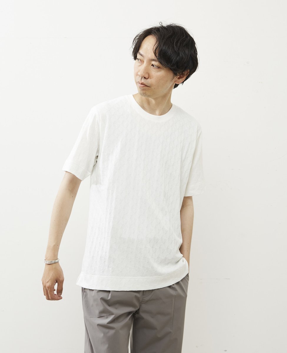 MEN'S MELROSE ジオメトリックジャガードクルーネックTシャツ メンズメルローズ トップス カットソー・Tシャツ ホワイト グレー グリーン