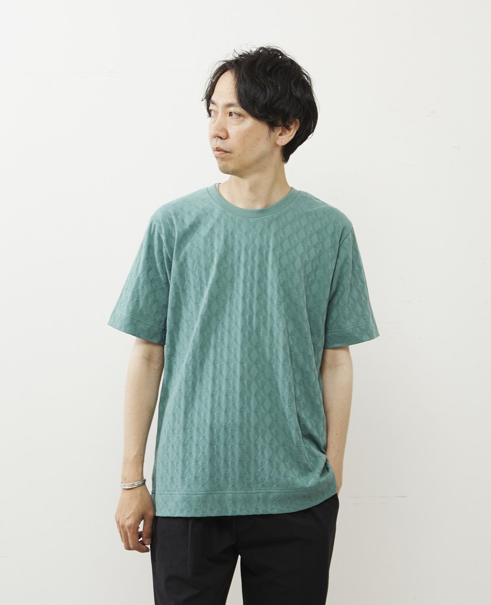 MEN'S MELROSE ジオメトリックジャガードクルーネックTシャツ メンズメルローズ トップス カットソー・Tシャツ ホワイト グレー グリーン