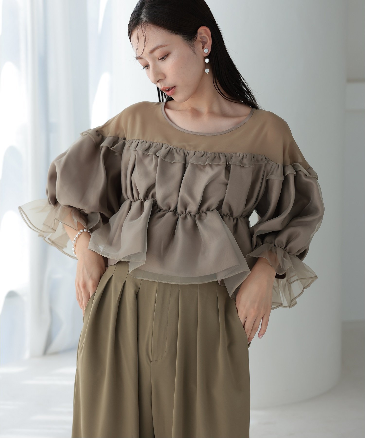 PREFERIR ギャザートップスパンツドレス プレフェリール ワンピース・ドレス ドレス カーキグリーン ネ..